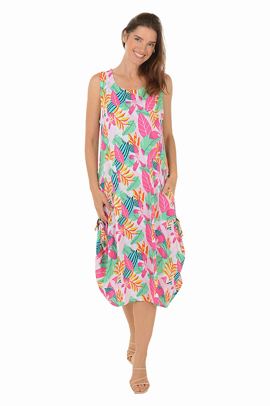 Halter neck Fuchsia Leaf Sleeveless Convertible Patio Dress