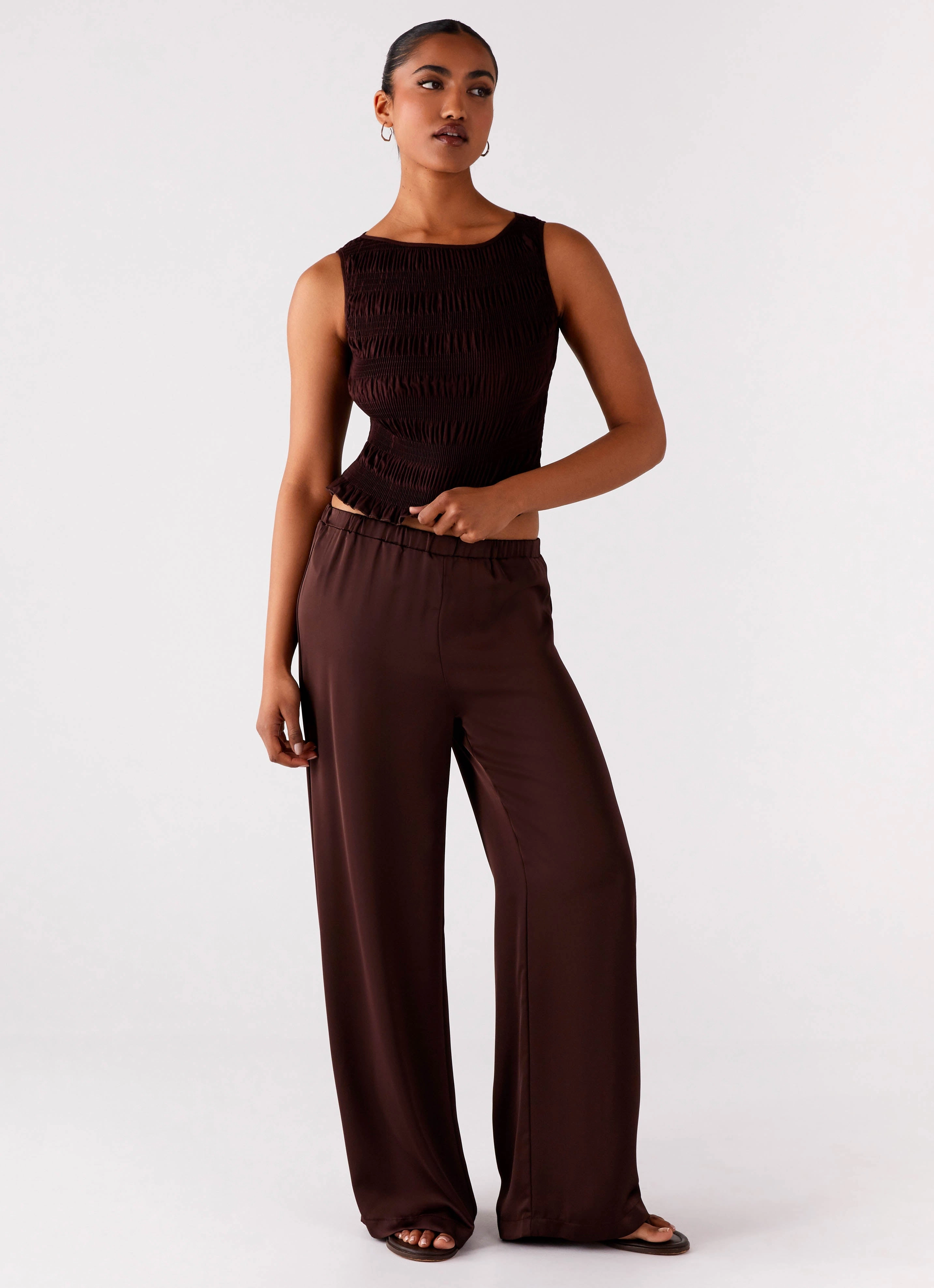 Tear Stop Grid Weave Palm Cove Satin Pants - Chocolate ripstop fabric