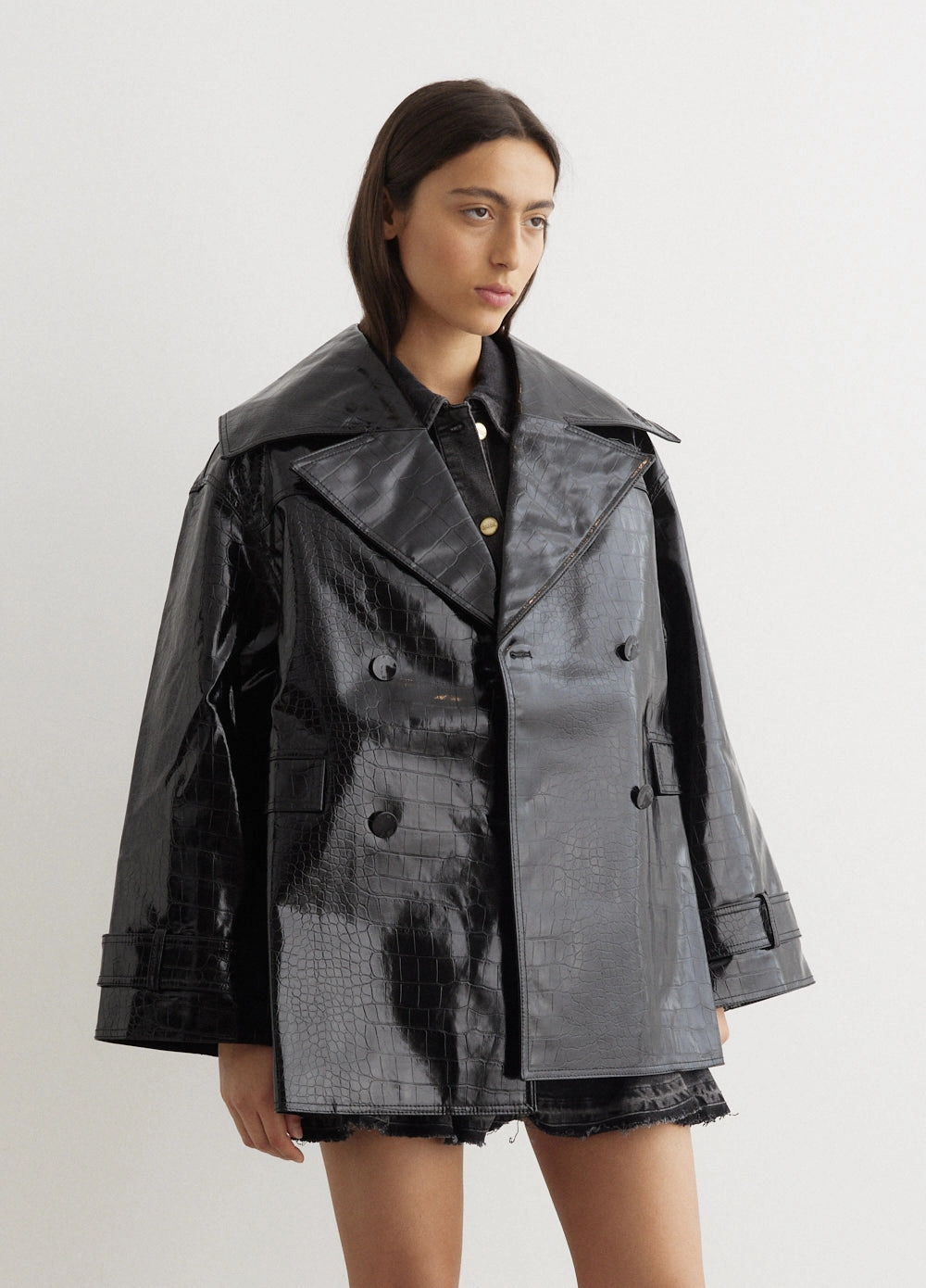 Recycled Material Construction Future Coated Double Breasted Midi Jacket