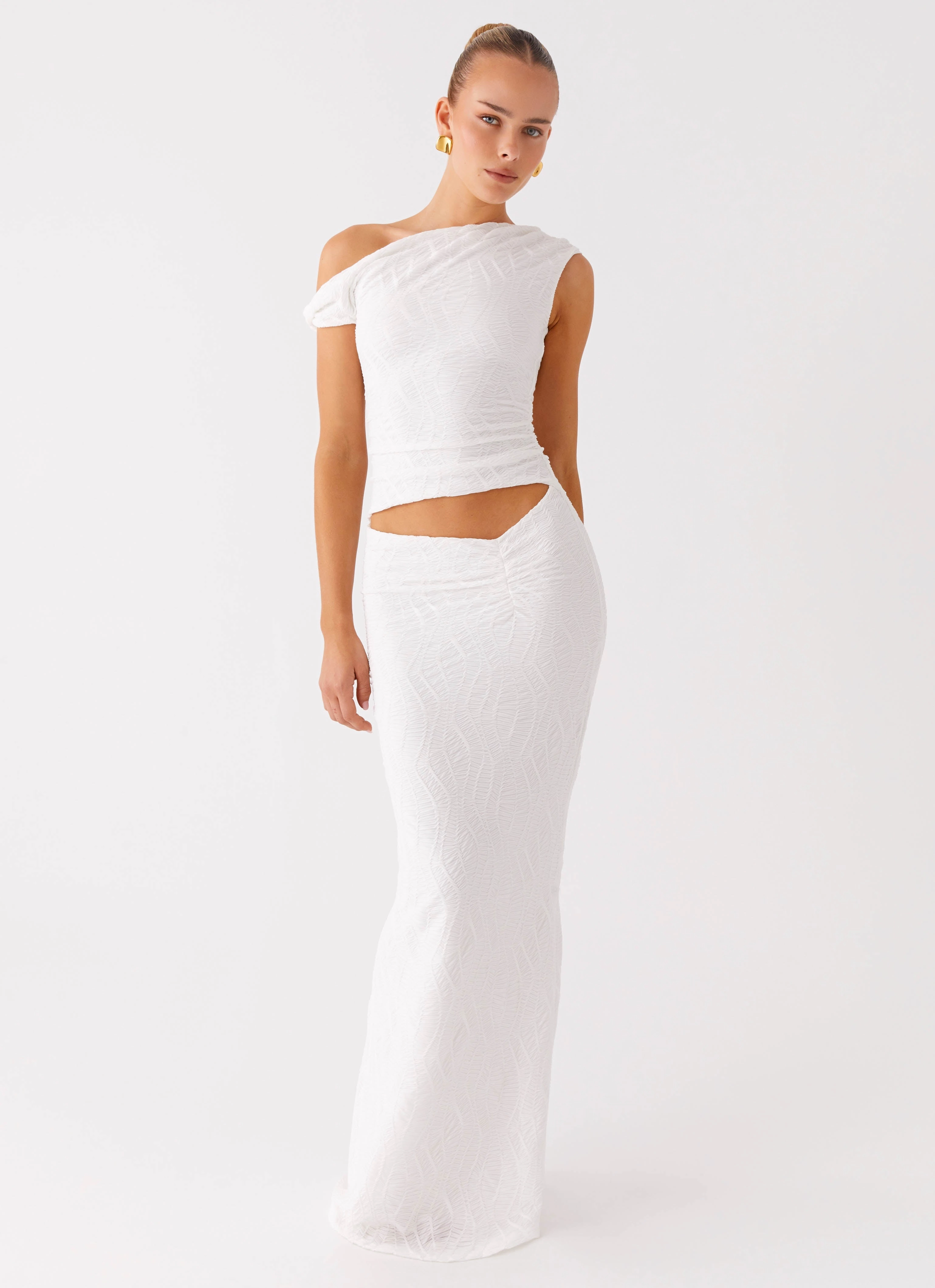Timeless Style High Neck Galantis One Shoulder Maxi Dress - White
