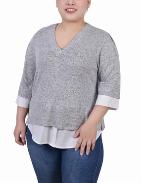Plus Size Long Sleeve 2-In 1 Top Fall Tone Visual Balance