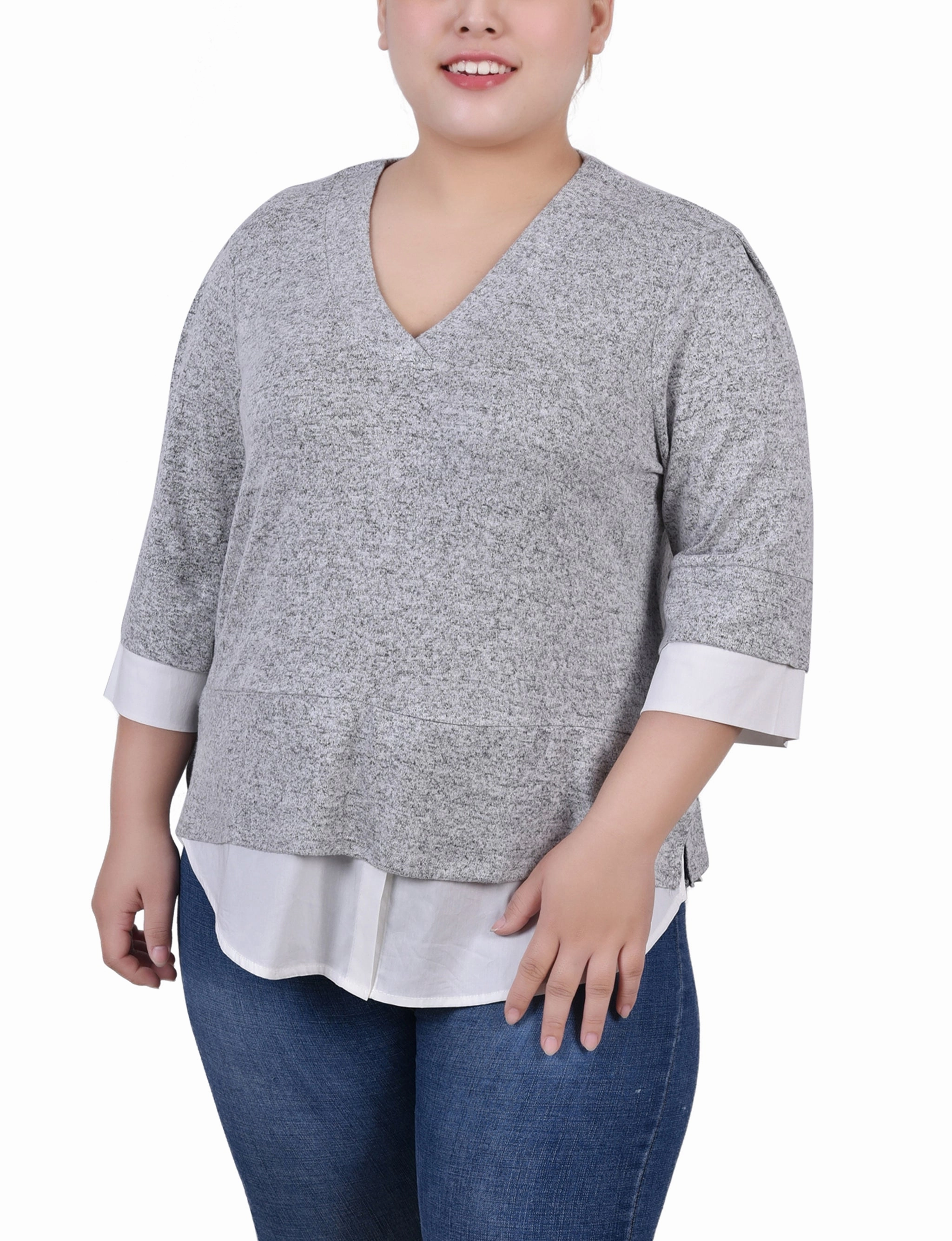 Plus Size Long Sleeve 2-In 1 Top Fall Tone Visual Balance