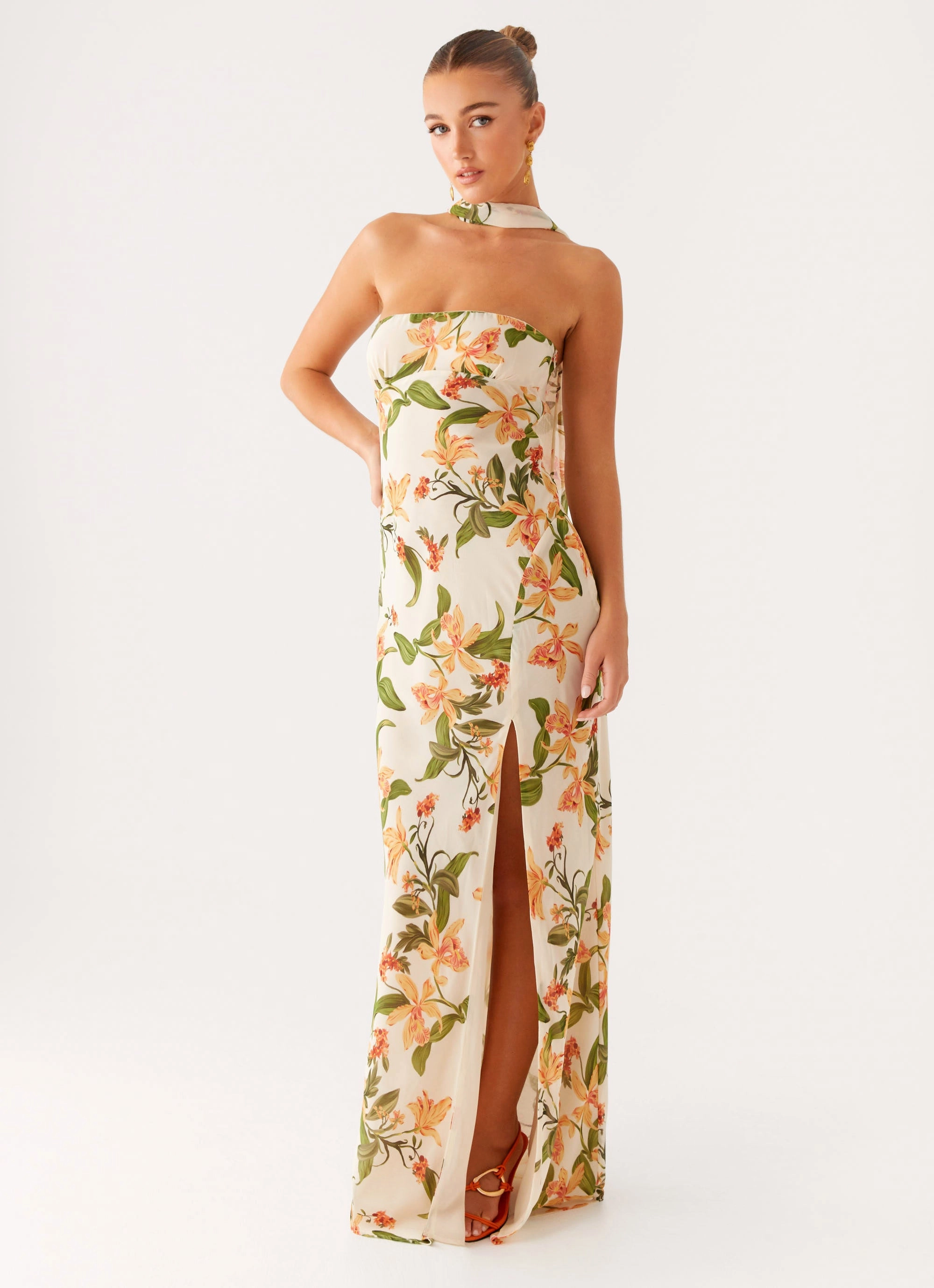Gali Strapless Maxi Dress - Floral Print Minimalist fit-and-flare Tiered Skirt