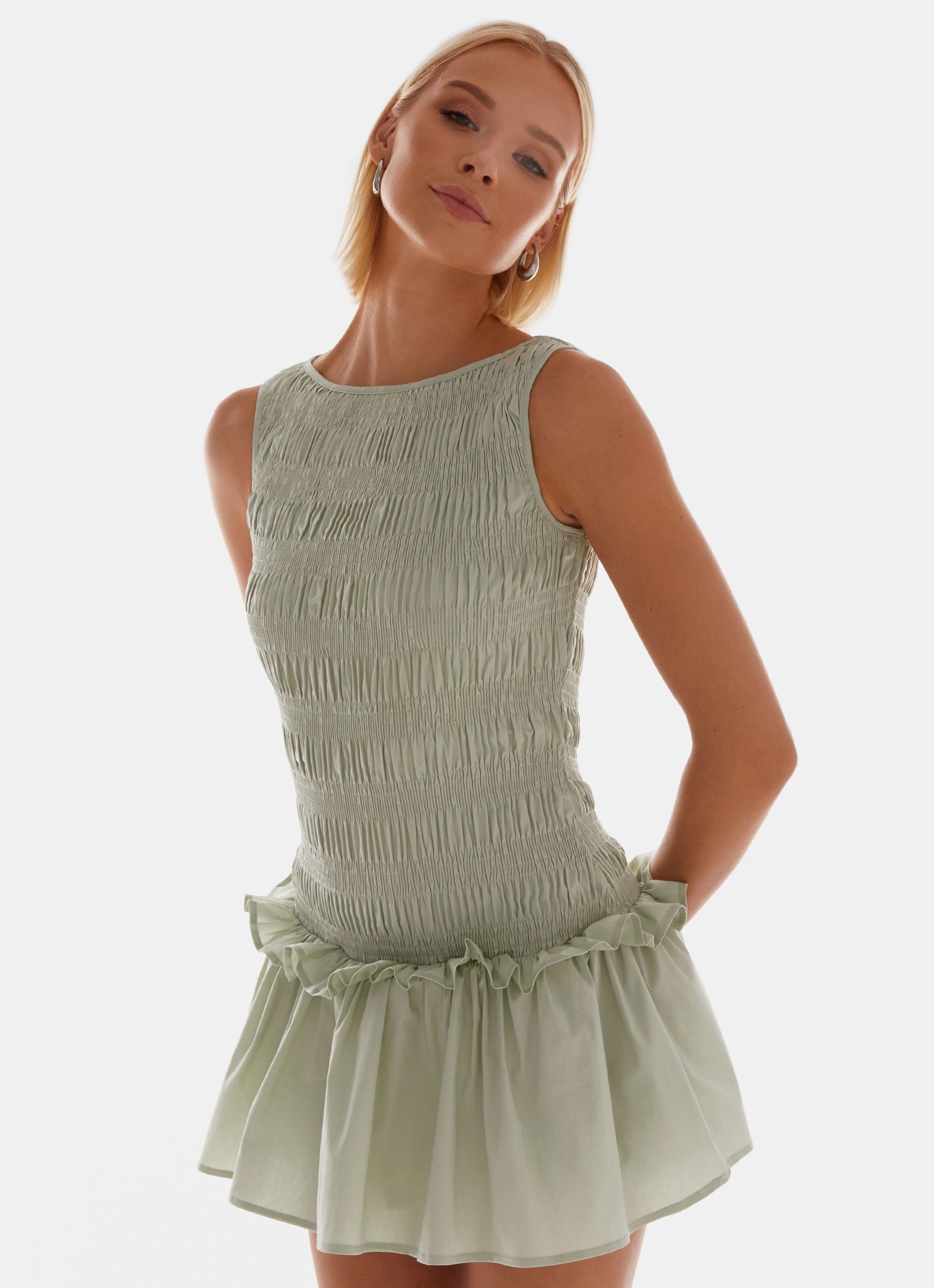 Garden Kisses Shirred Mini Dress - Sage Simple Style Elegant Outline