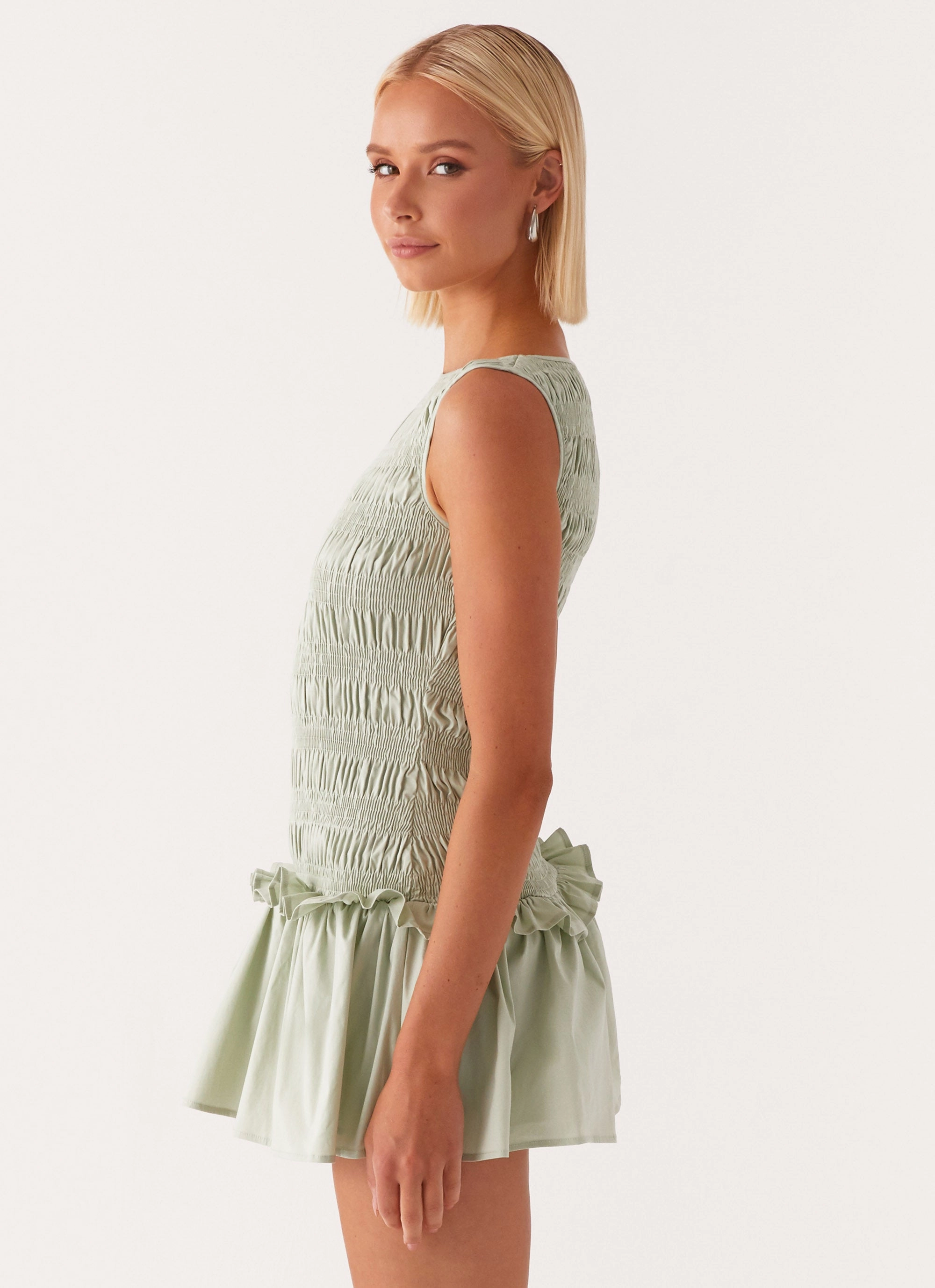 Sleek Presence Delicate Edge Garden Kisses Shirred Mini Dress - Sage