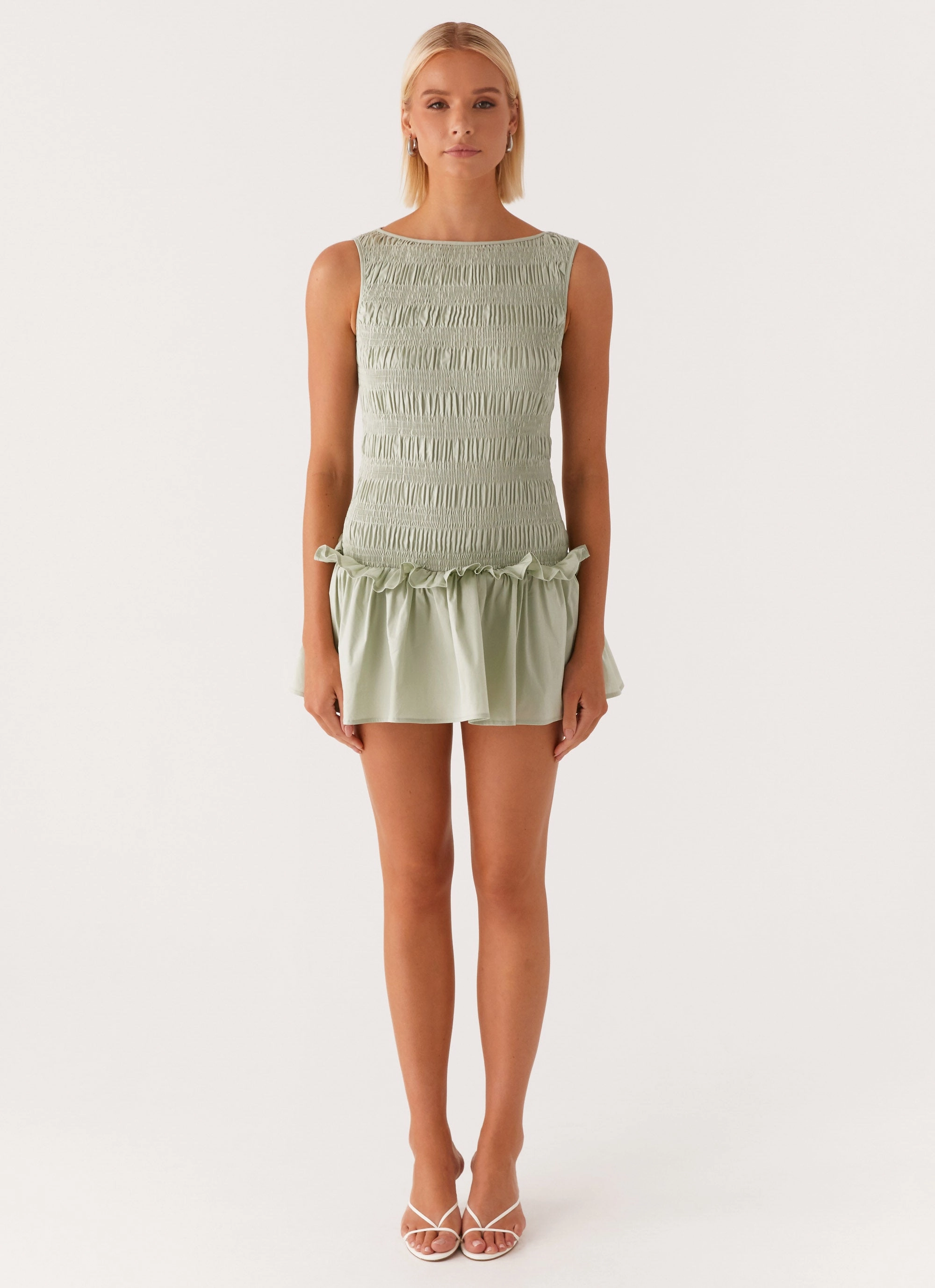 Fitted Neat Garden Kisses Shirred Mini Dress - Sage