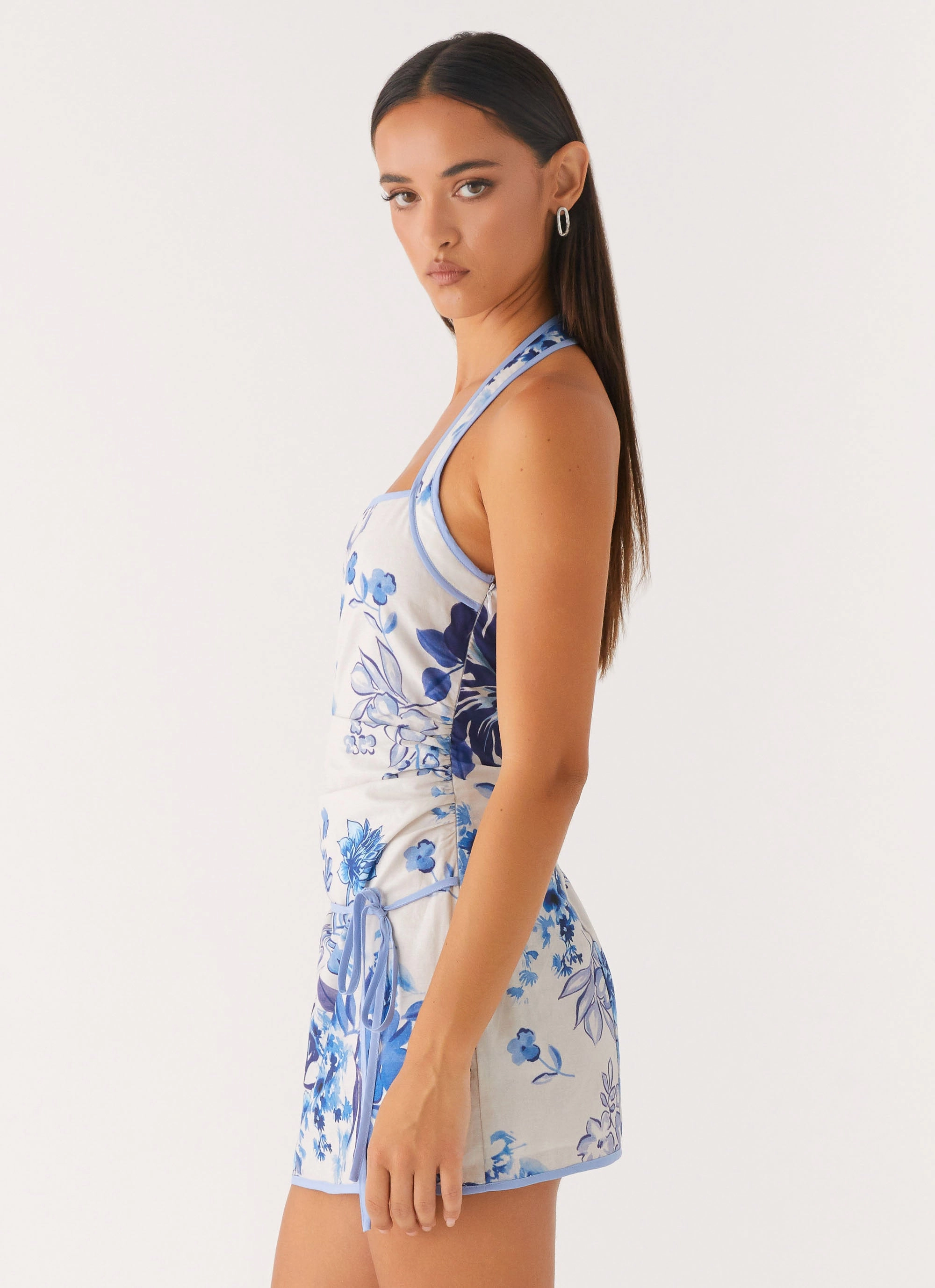 Tear-resistant Soft Curve Garden Party Mini Dress - Serene Sky Floral
