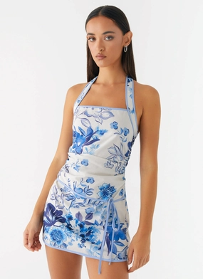 Luxe Fabric Garden Party Mini Dress - Serene Sky Floral