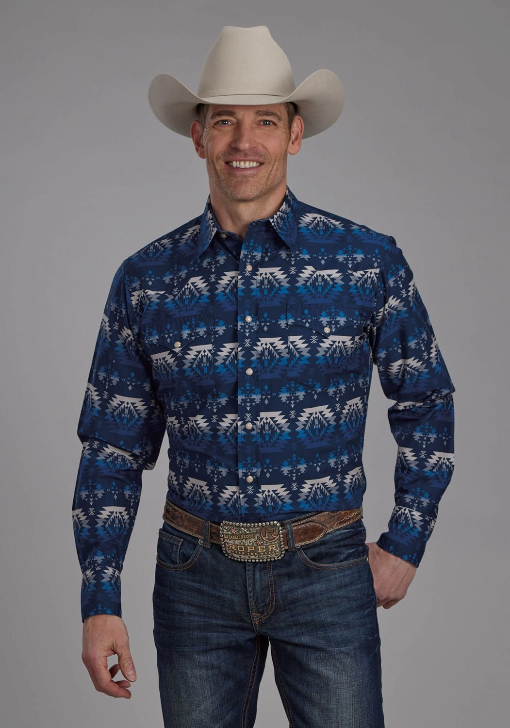 Chic Look Tall Length Roper Mens 2168 Ombre Aztec Blue 100% Cotton L/S Shirt