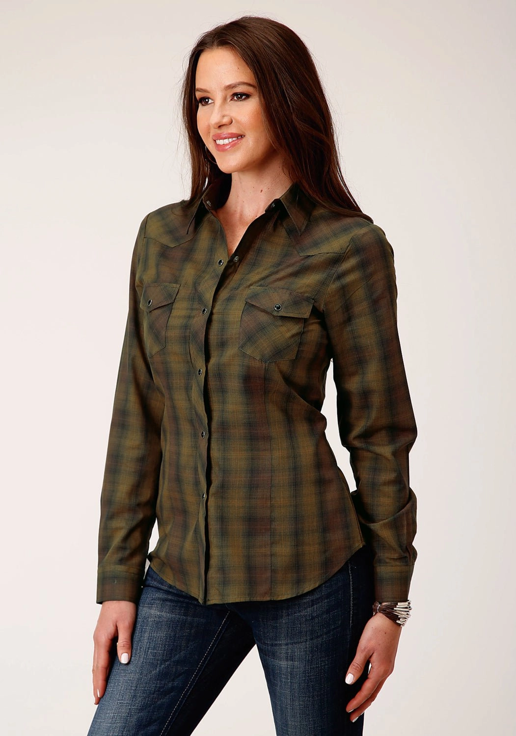 Military Inspired Roper Womens 55/45 Plaid Black/Gold Cotton Blend L/S Shirt