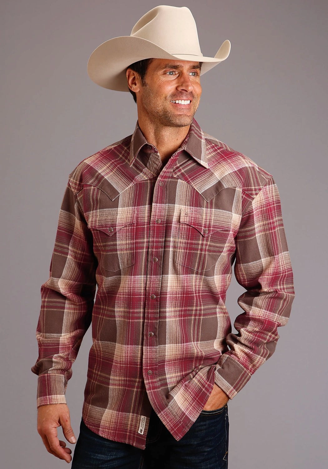 Subtle Details Edgy Fashion Stetson Mens Wine 100% Cotton Brushed Twill L/S 2 Pkt Shirt