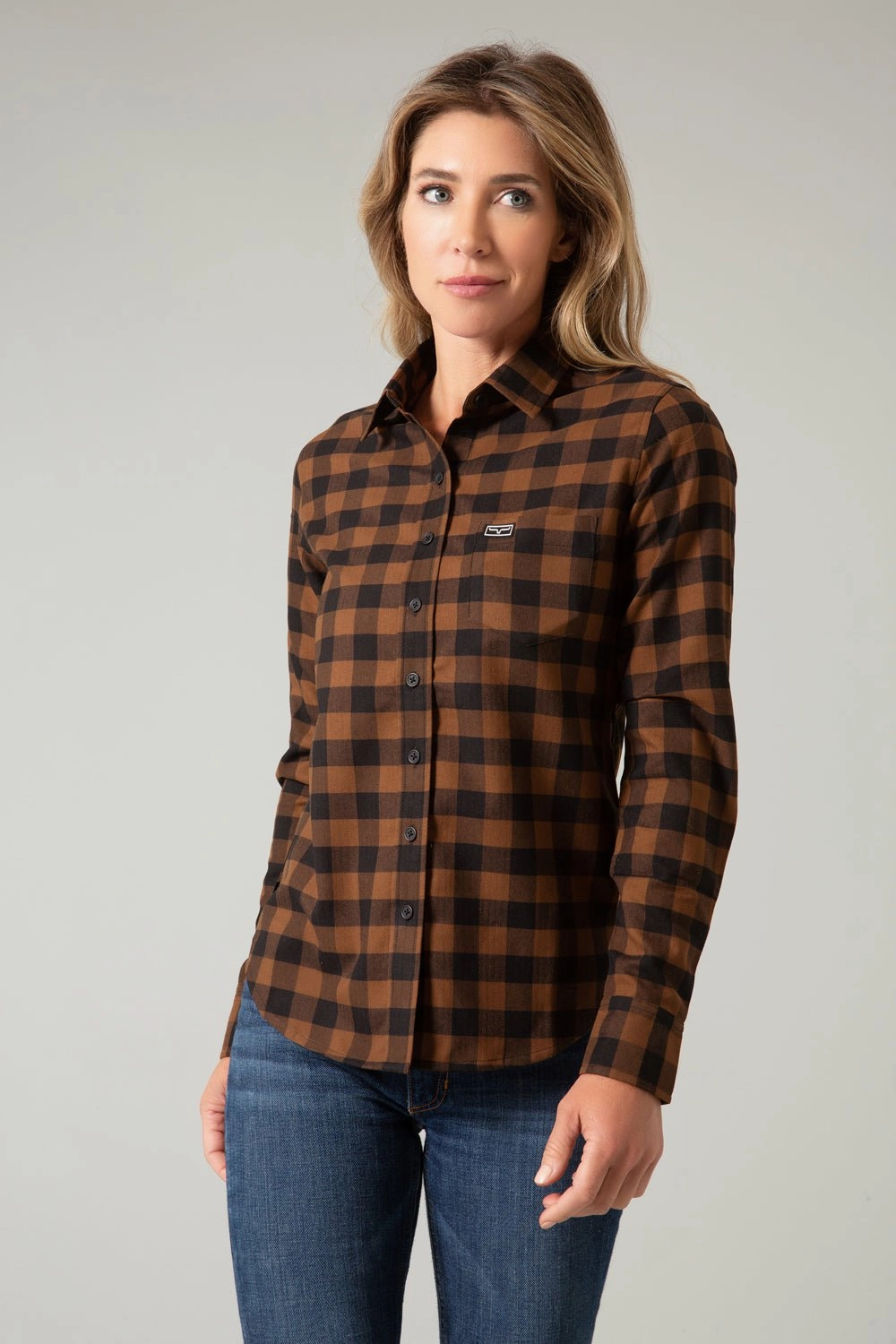 Kimes Ranch Womens Garrison Brown Cotton Blend L/S Shirt Indoor Comfort