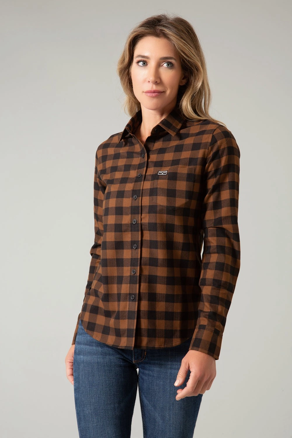 Kimes Ranch Womens Garrison Brown Cotton Blend L/S Shirt Practical Choice Athleisure Wear