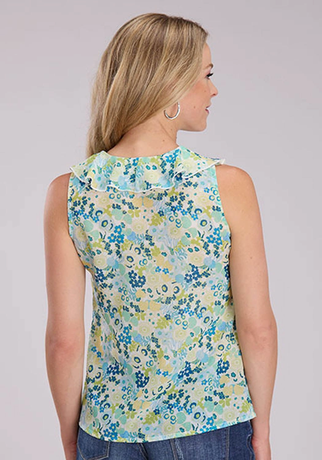 Roper Womens Floral Aztec Chintz Cream/Blue 100% Polyester S/L Blouse Everyday Essential Subtle pattern