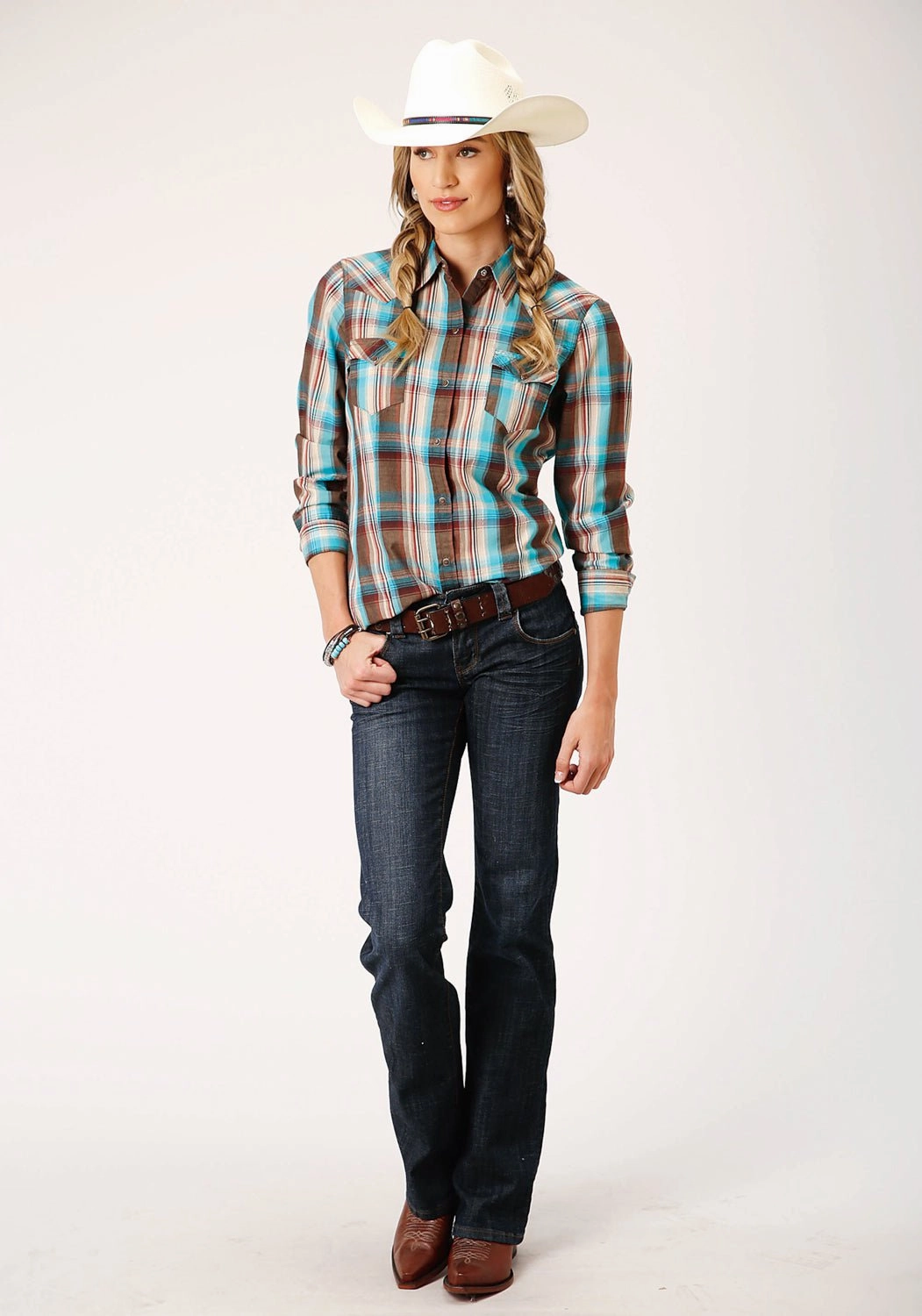 Roper Womens Desert Dobby Plaid Blue/Brown 100% Cotton L/S Shirt Unisex Choice