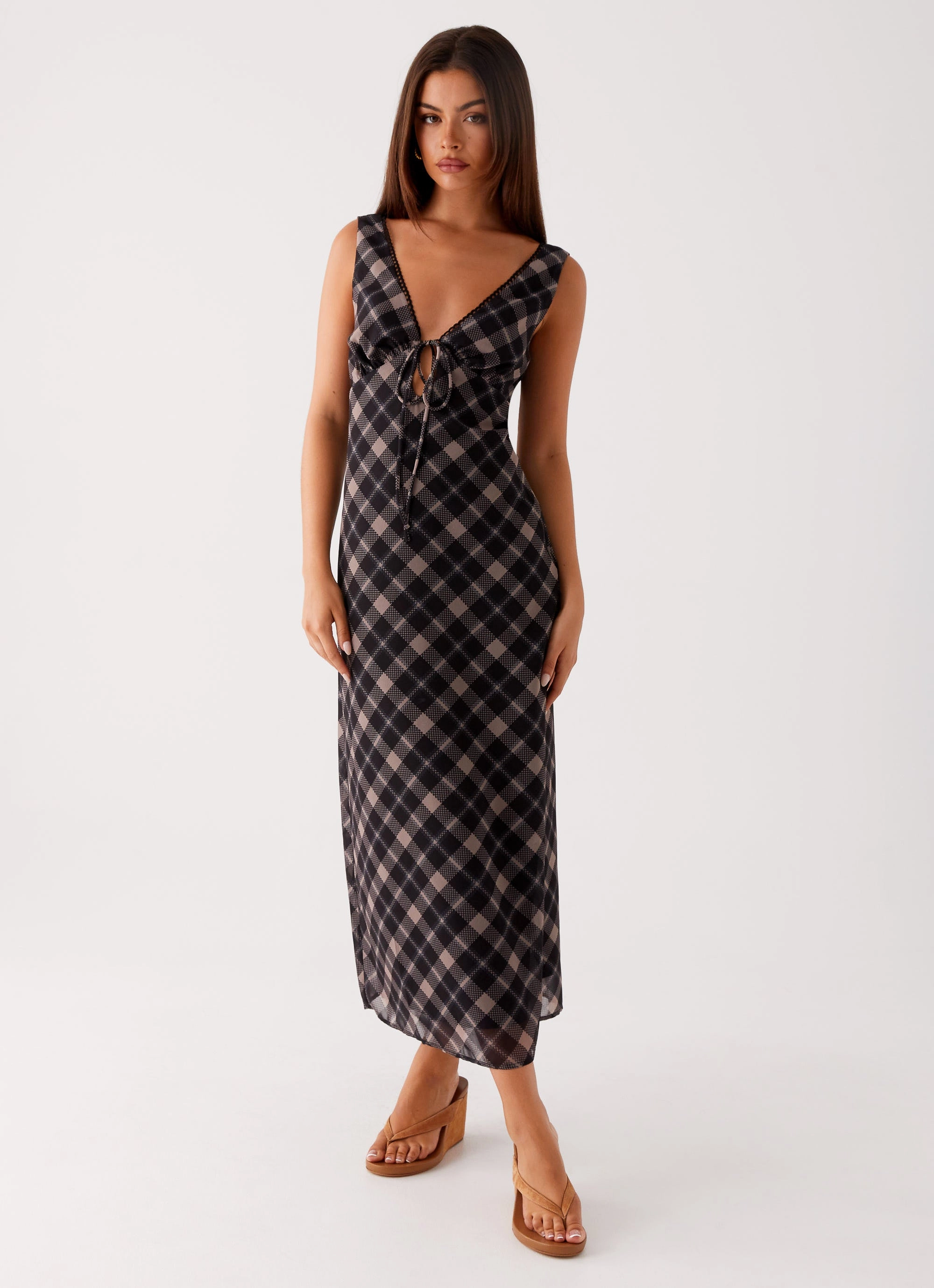 Gianna Midi Dress - Taupe Check Bow-Detail Warranty-Included
