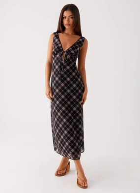 Gianna Midi Dress - Taupe Check Bow-Detail Warranty-Included