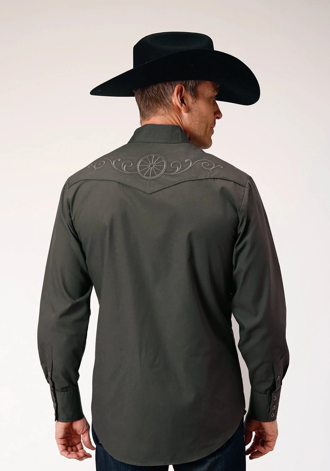 Durable Thread Construction Tailored Style Roper Mens Wagon Wheel Grey Cotton Blend L/S Shirt