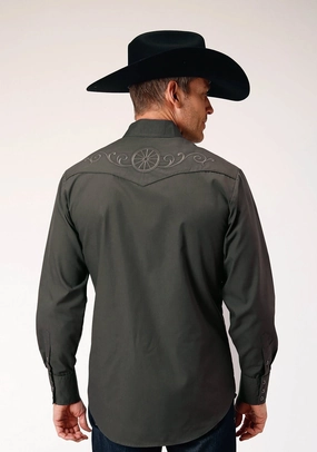Durable Thread Construction Tailored Style Roper Mens Wagon Wheel Grey Cotton Blend L/S Shirt