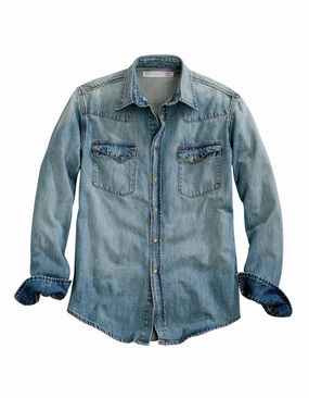 Tin Haul Mens Light Blue 100% Cotton Western Denim L/S Shirt Weekend Vibes Reinforced Hems
