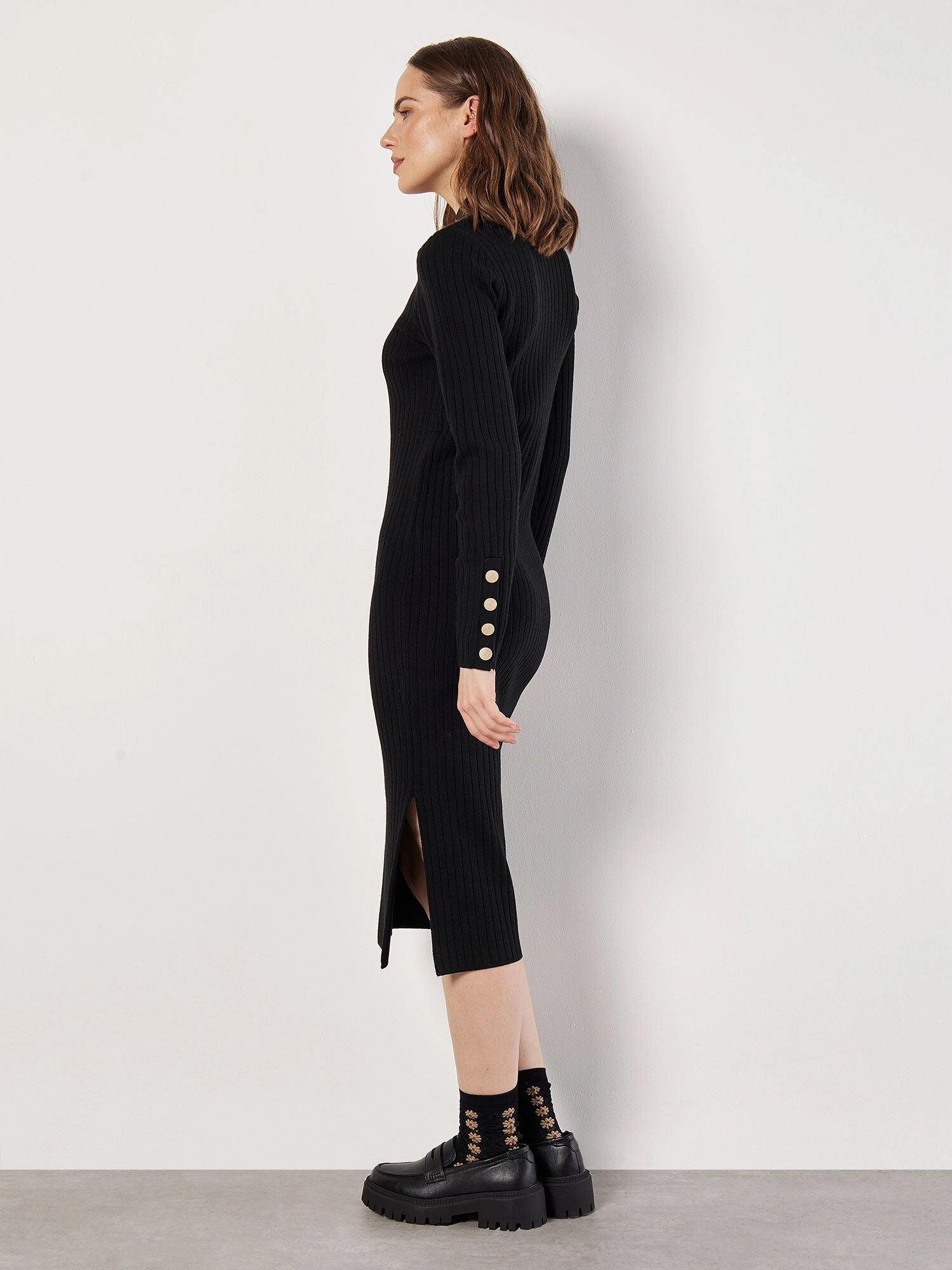 Gold Button Sleeve Ribbed Midi Dress in Black Smooth Design A Line Cut