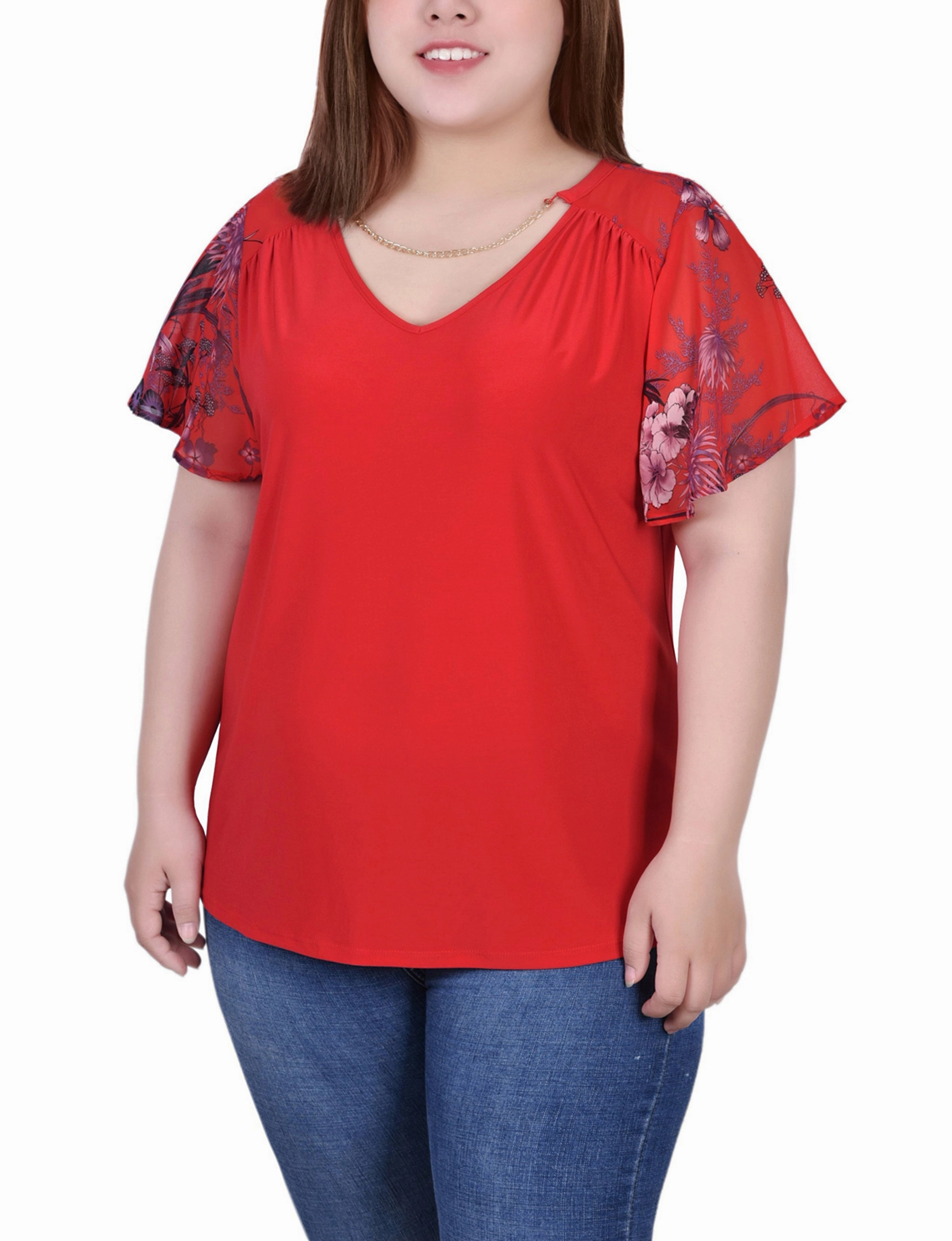 Lace Detail Plus Size Combo Chiffon-Sleeve V Neck Top
