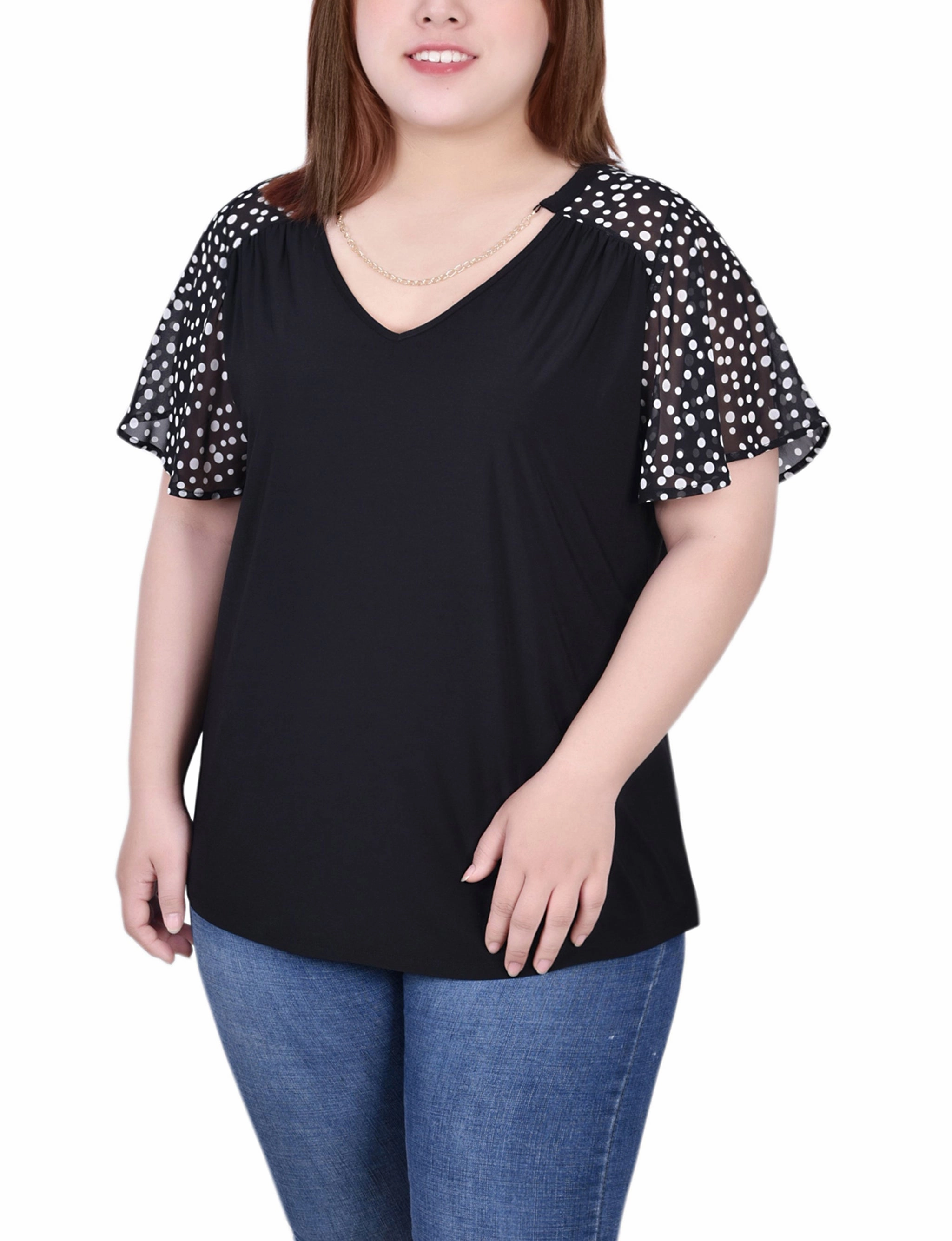 Button Accent Sleek Silhouette Plus Size Combo Chiffon-Sleeve V Neck Top