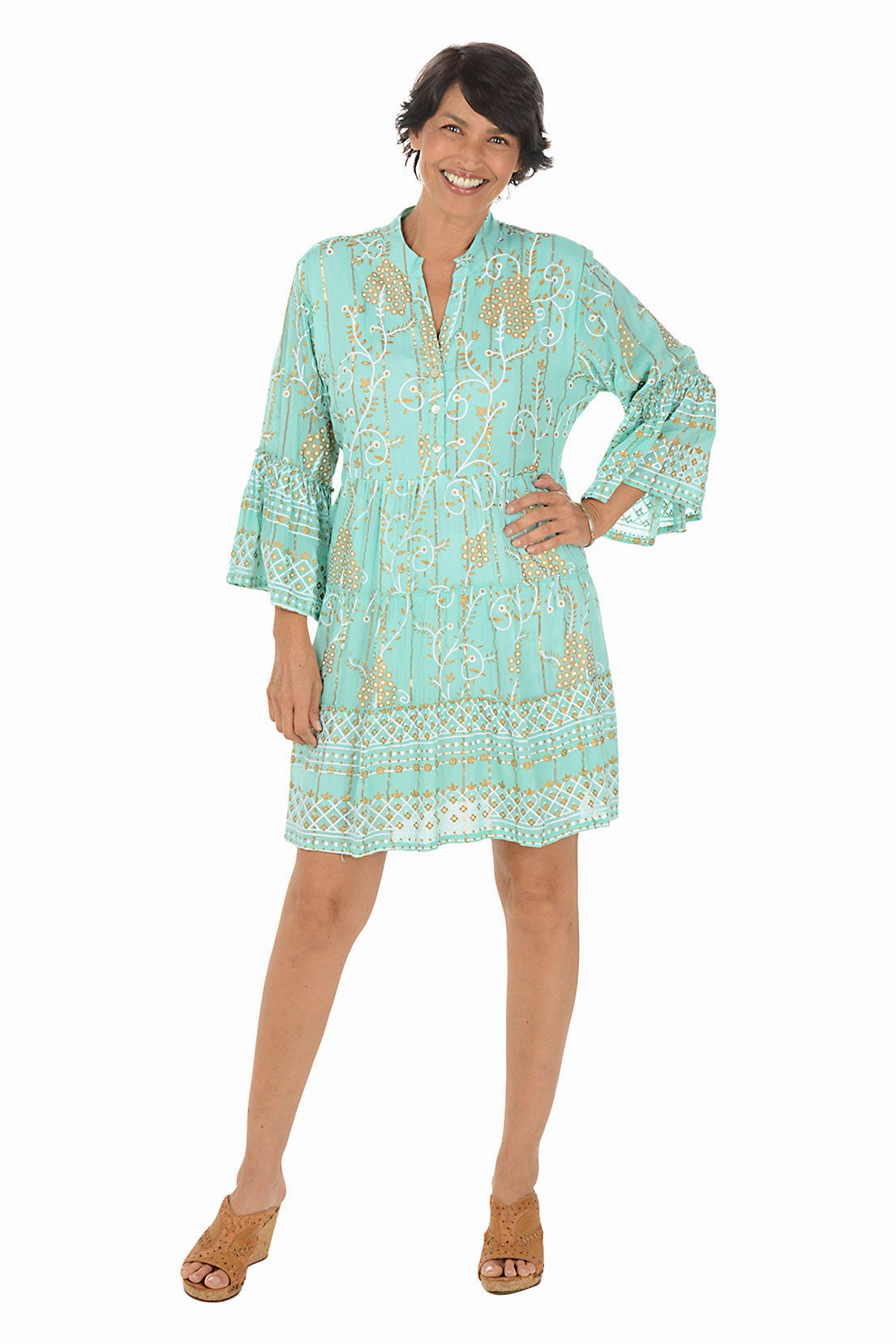 Golden Scrolls Bell Sleeve Tiered Dress Night Mood