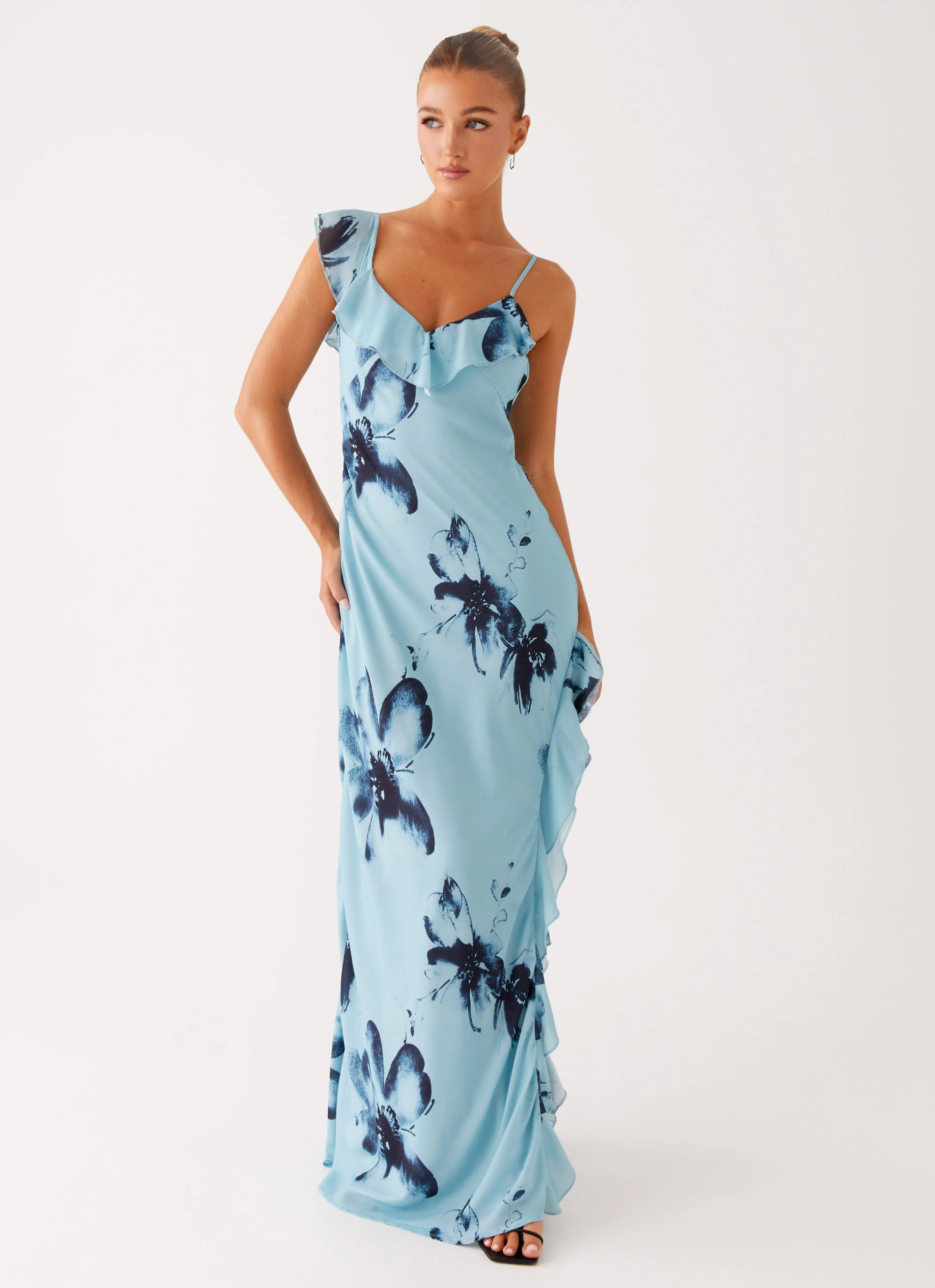 Goldsmith Maxi Dress - Blue Black Floral Soft and Smooth Cool Elegance