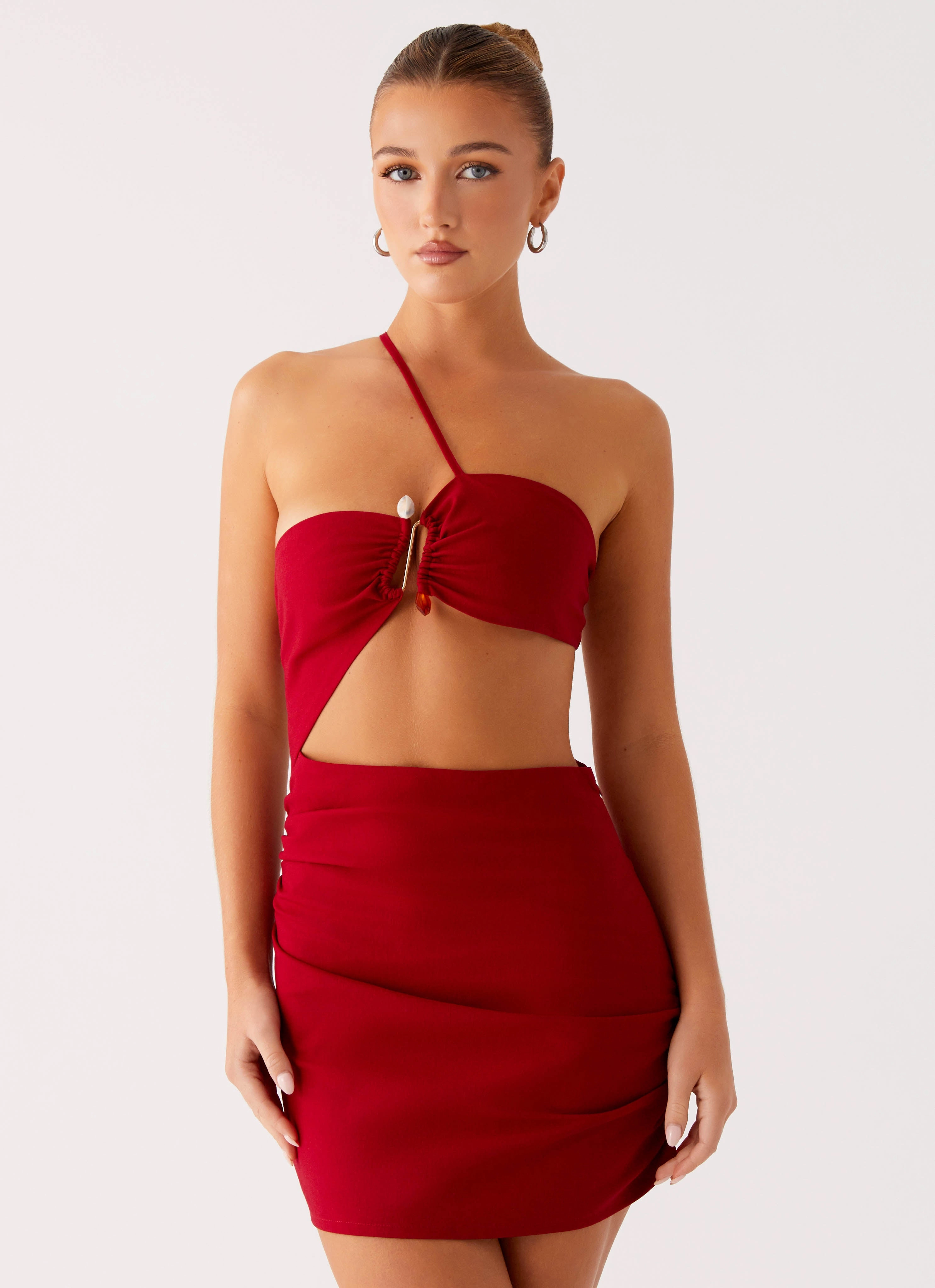 Gossip Mini Dress - Red Cozy Drape Contemporary Look