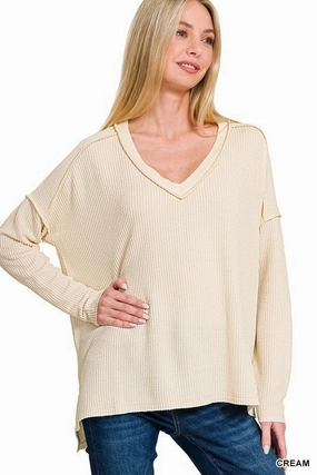 Smart Layer Carly Corded Rib Long Sleeve Hi-low V Neck Top S-XL