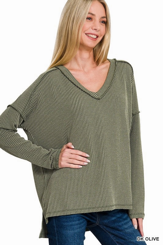 Street Smart Carly Corded Rib Long Sleeve Hi-low V Neck Top S-XL