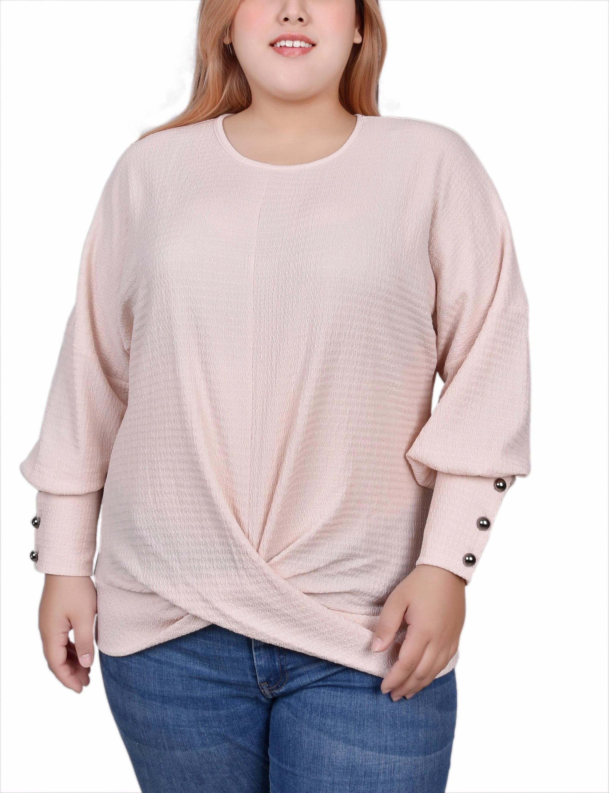 Pure Color Plus Size Long Sleeve Textured Knit Top