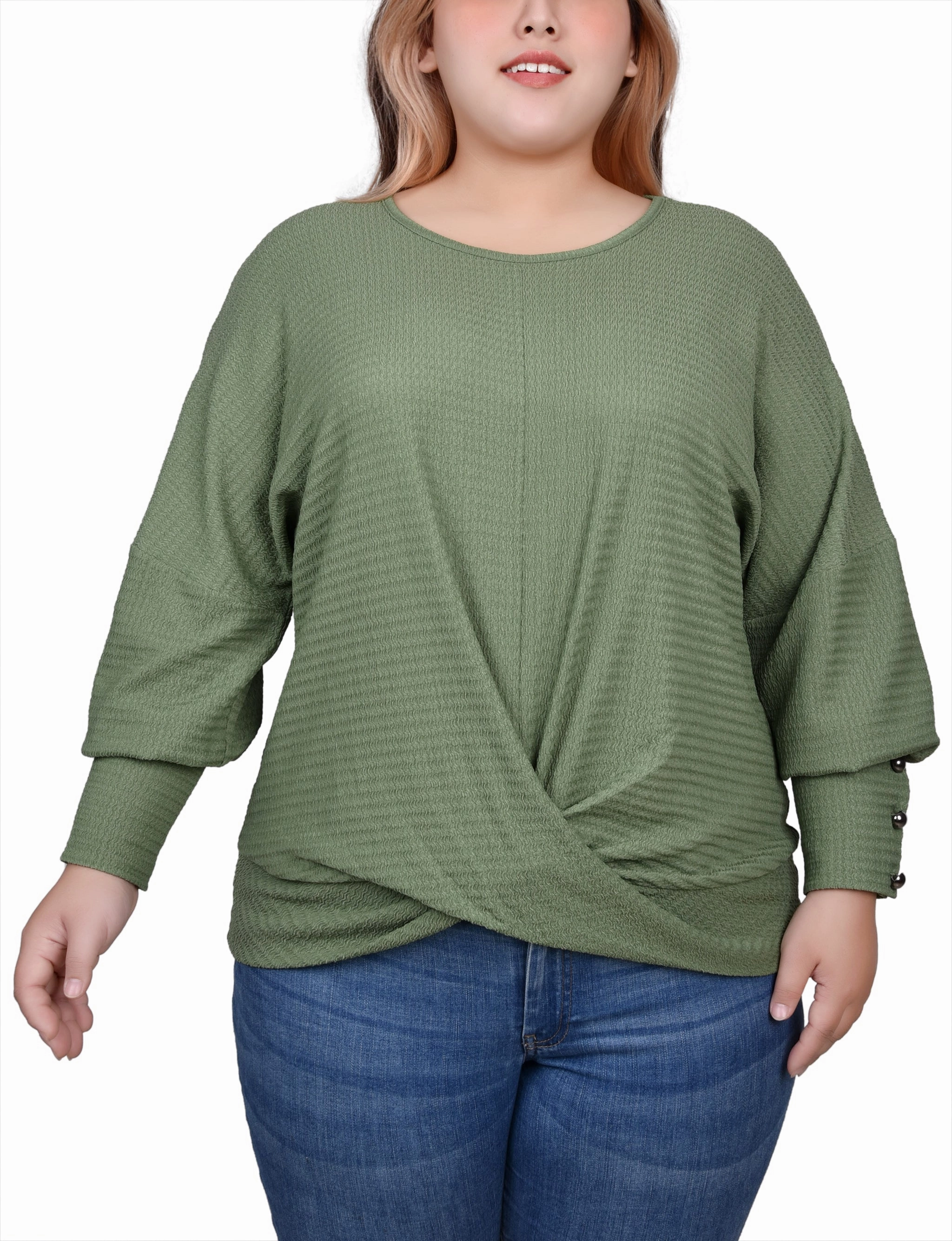 Sweetheart-Neck Plus Size Long Sleeve Textured Knit Top