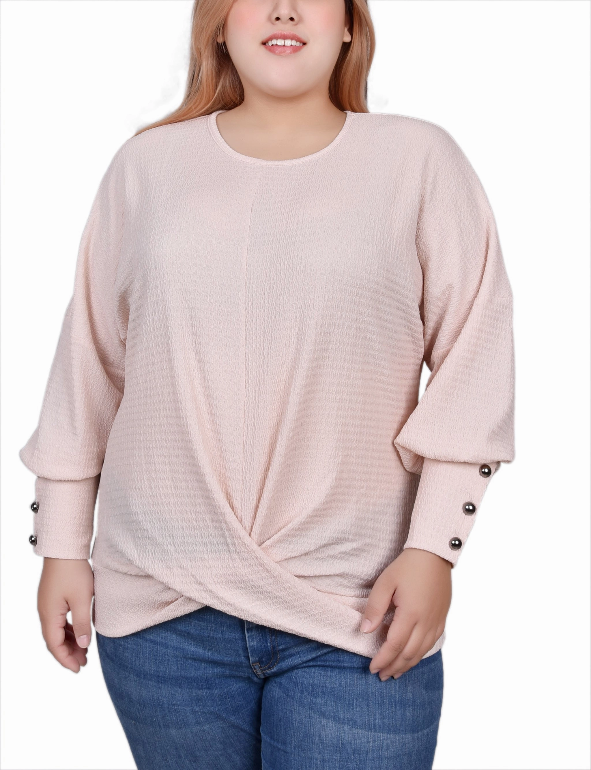 Plus Size Long Sleeve Textured Knit Top Light Shape