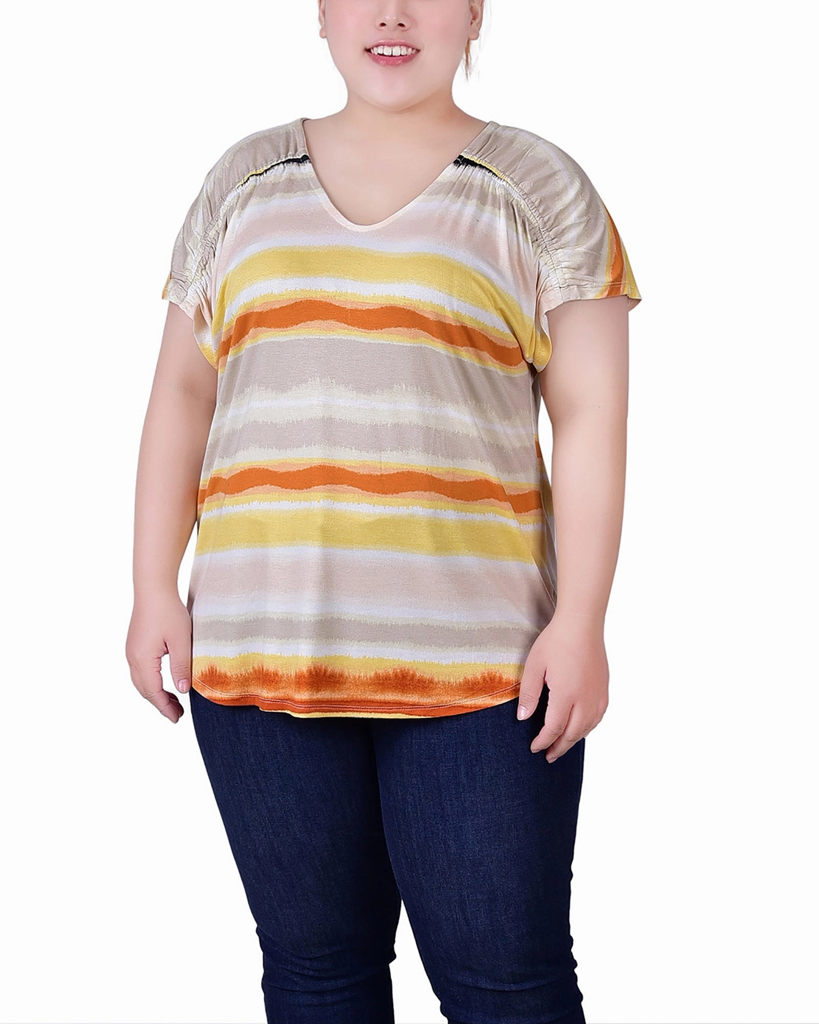 Soft cotton blend dress Color Pop Plus Size Short Sleeve Striped V Neck Top