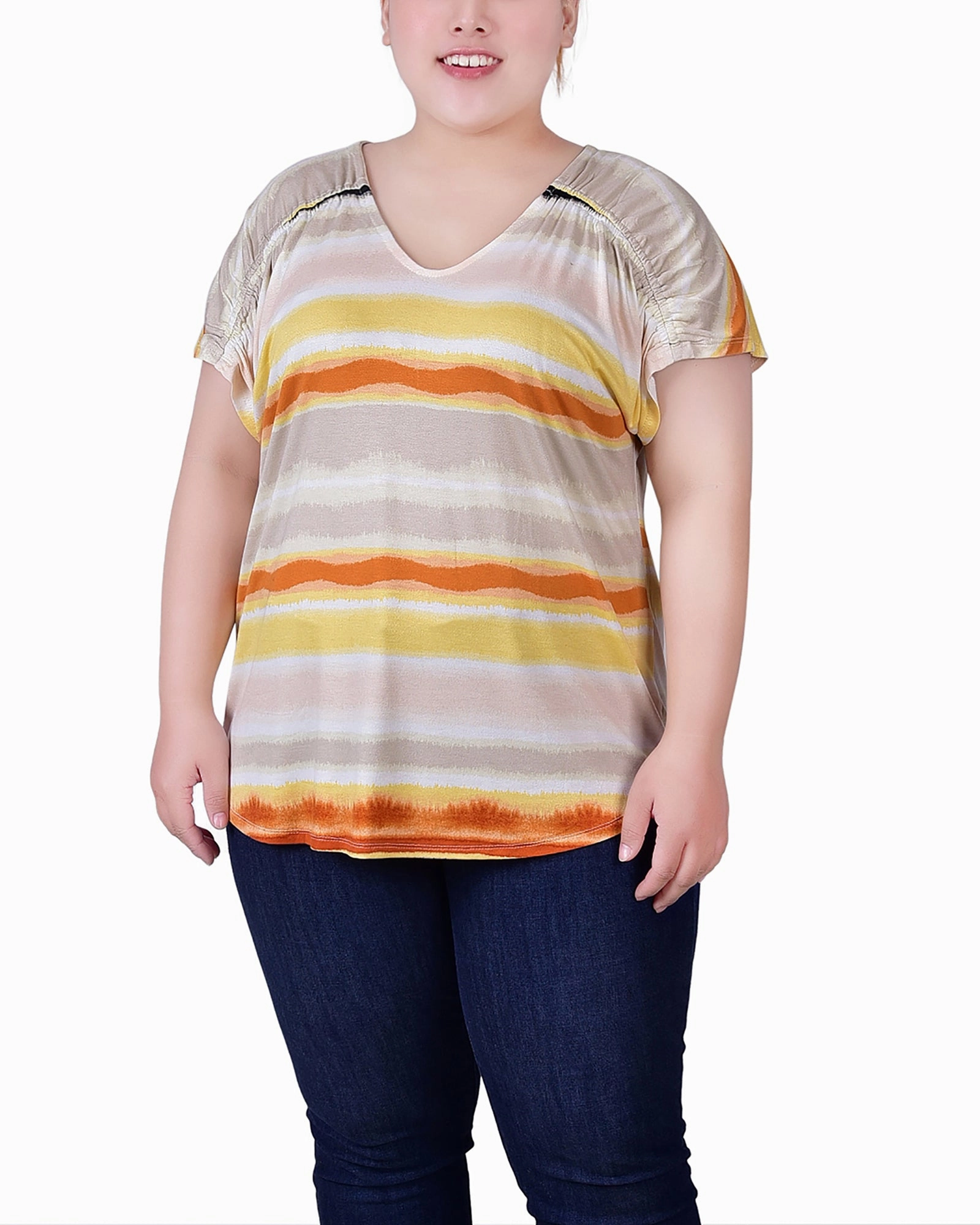 Breathable Wearable Plus Size Short Sleeve Striped V Neck Top