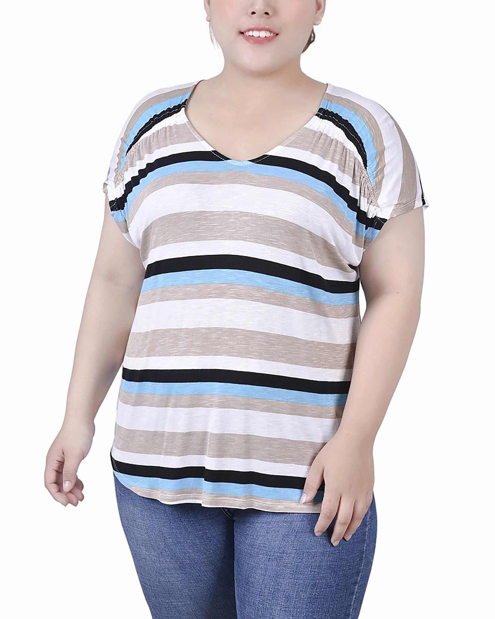 Movement Ready Balanced Shape Plus Size Short Sleeve Striped V Neck Top