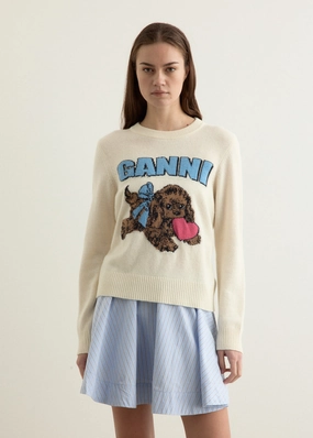 Graphic Wool Mix Fluffy Puppy Love Crewneck Contrast Trim Accent