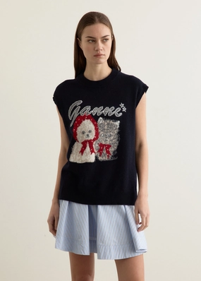 Elastic Edging Graphic Wool Mix Oversized Vest