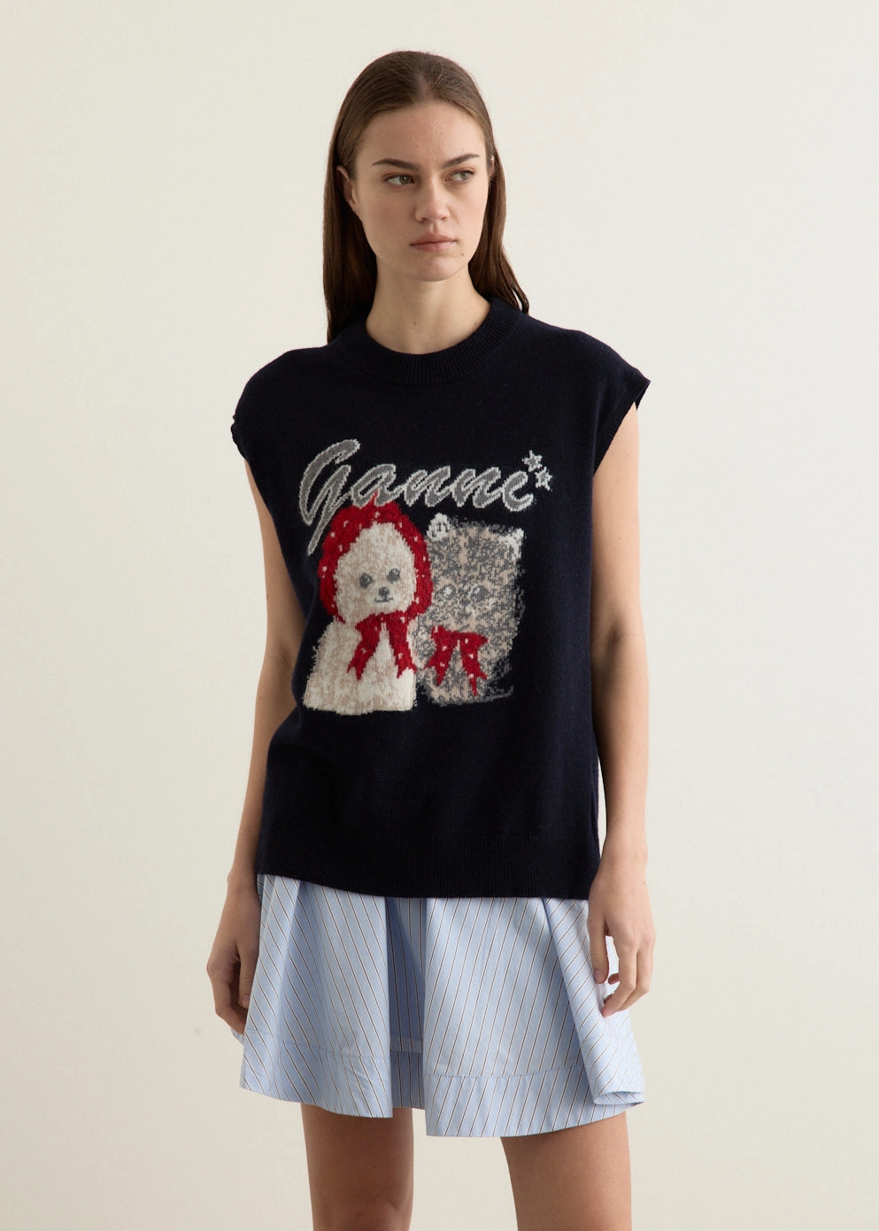 Elastic Edging Graphic Wool Mix Oversized Vest