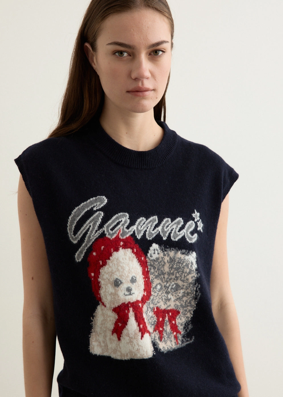 Graphic Wool Mix Oversized Vest Reinforced Neckline