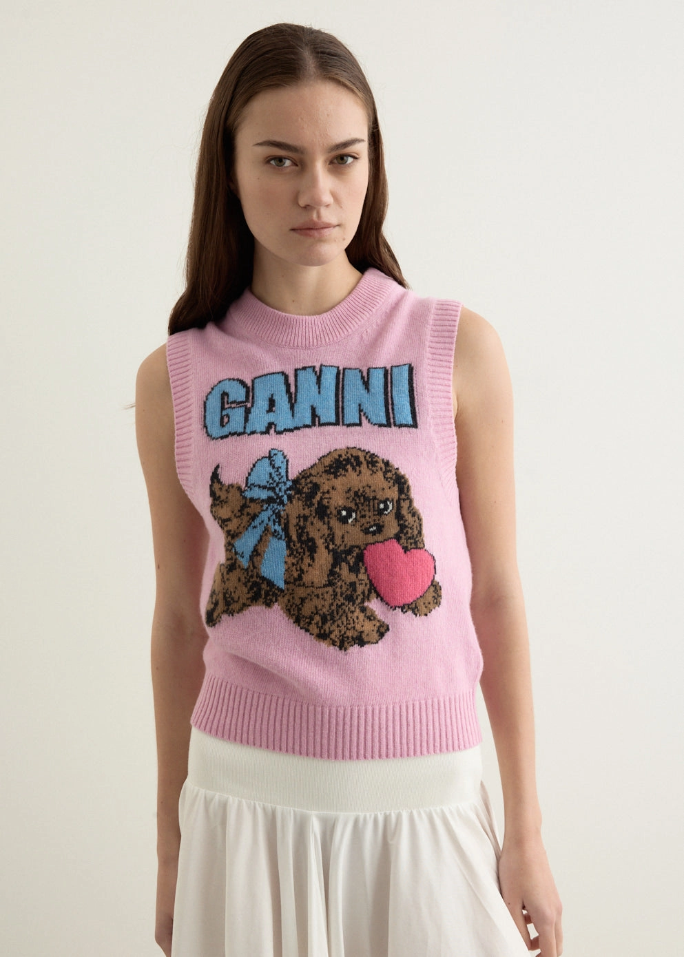 Graphic Wool Mix Pink Puppy Love Vest Wide Hem Detail