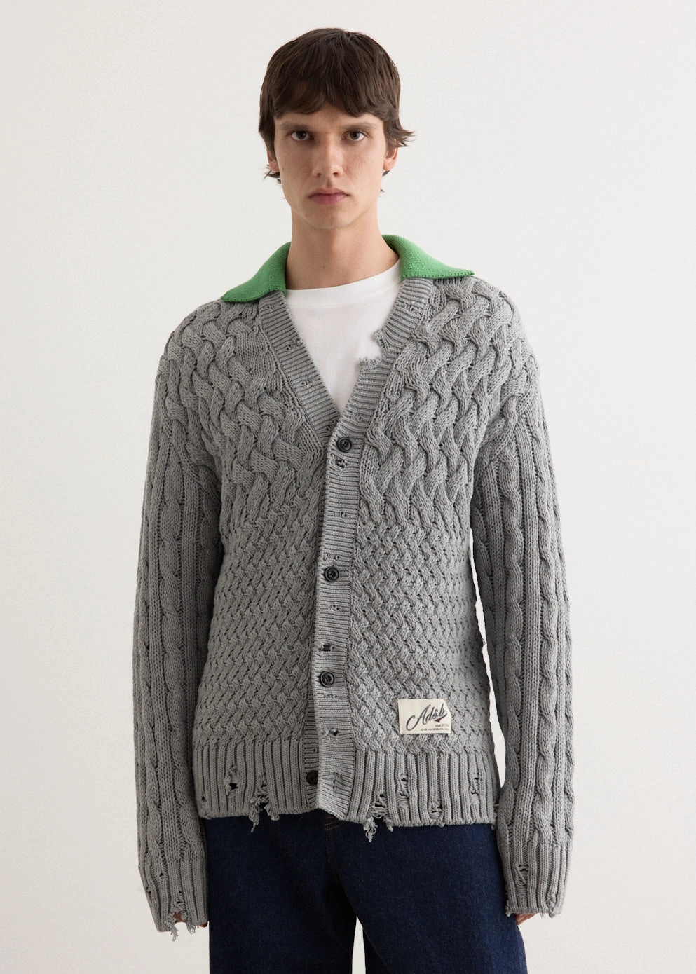 Green Collar V-Neck Cardigan Slub Texture Stay Simple