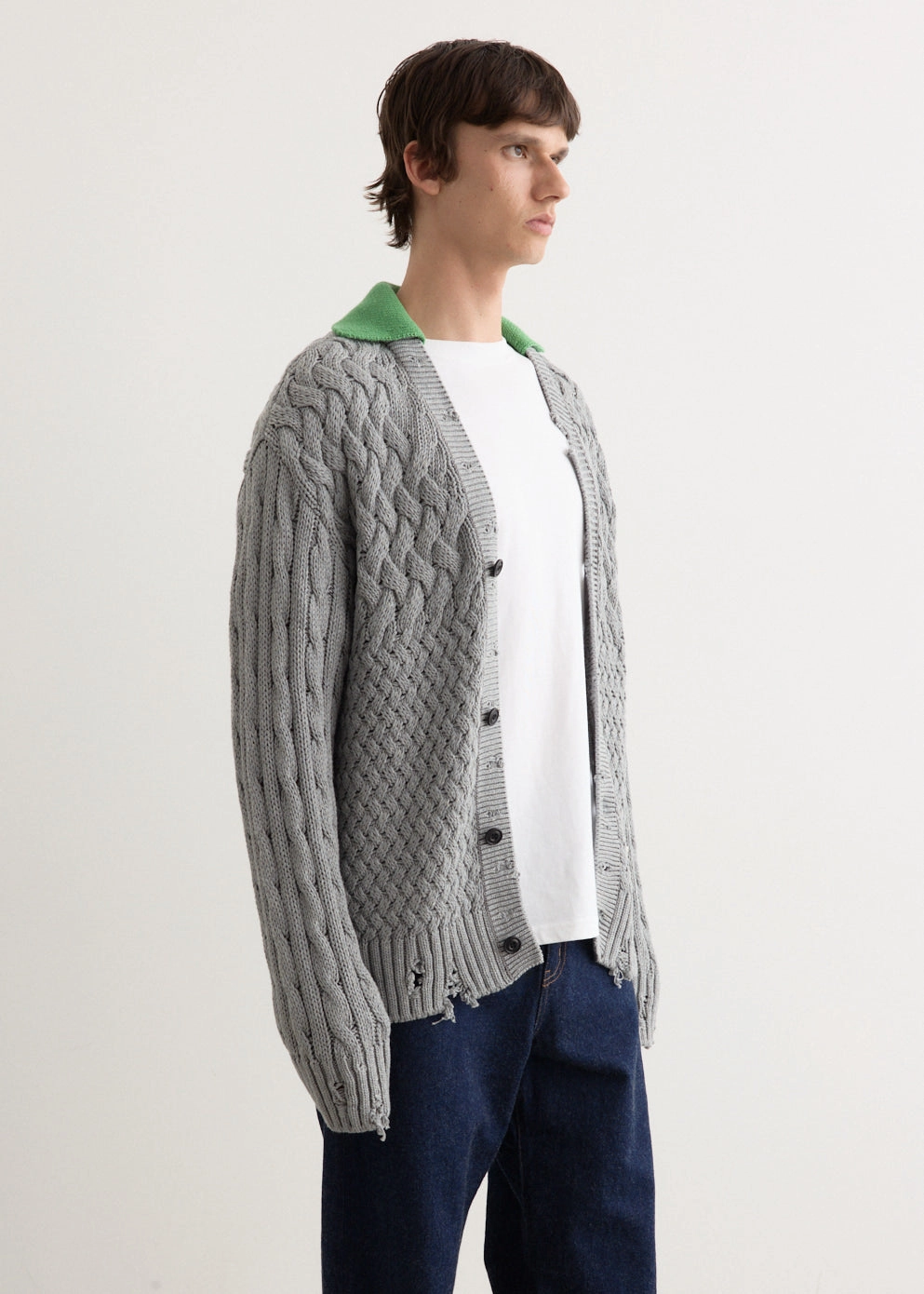 Green Collar V-Neck Cardigan Microfiber Textile