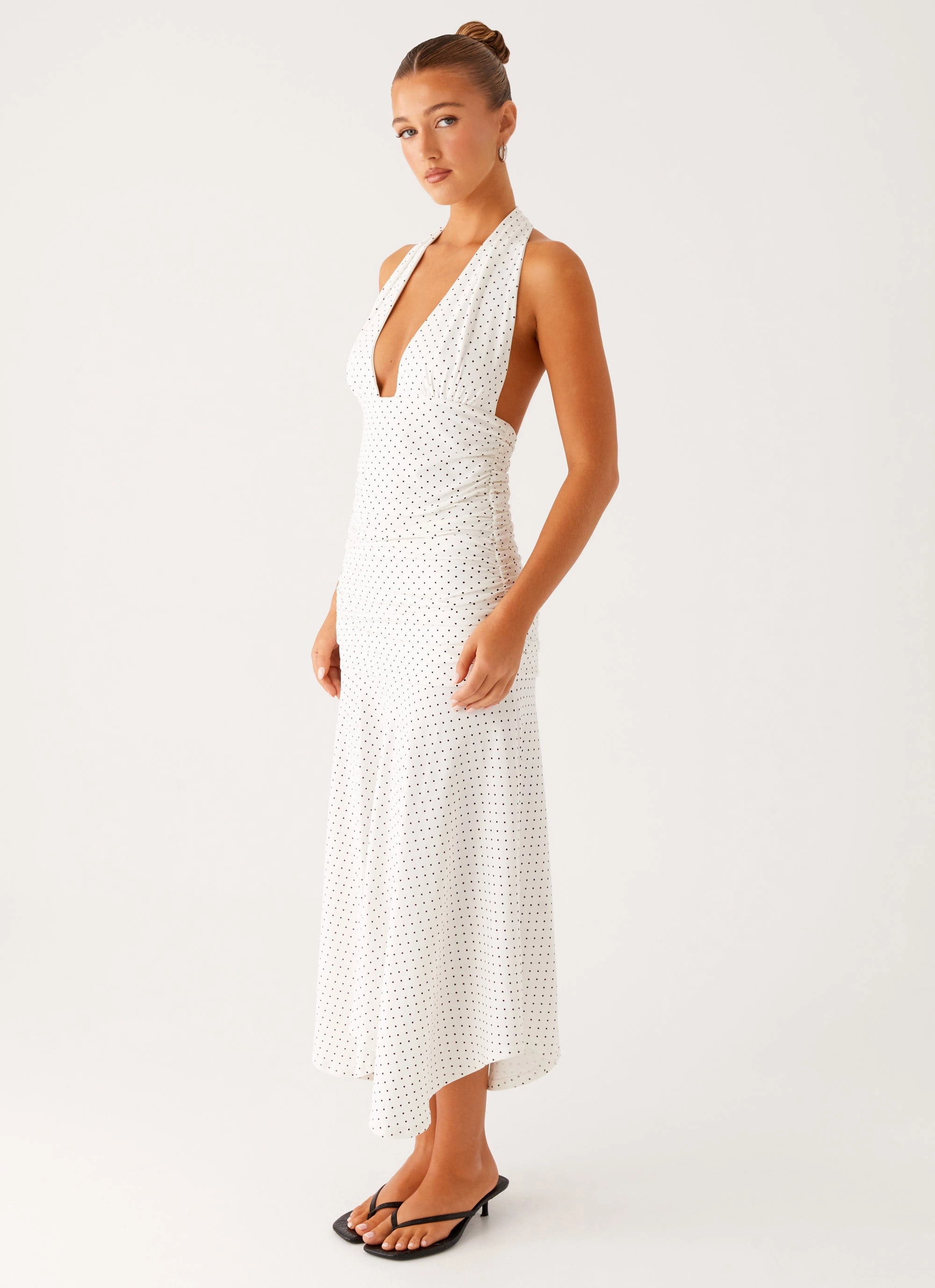 Side Ruching Classic and Chic Grettana Halter Neck Midi Dress - White Polka Dot
