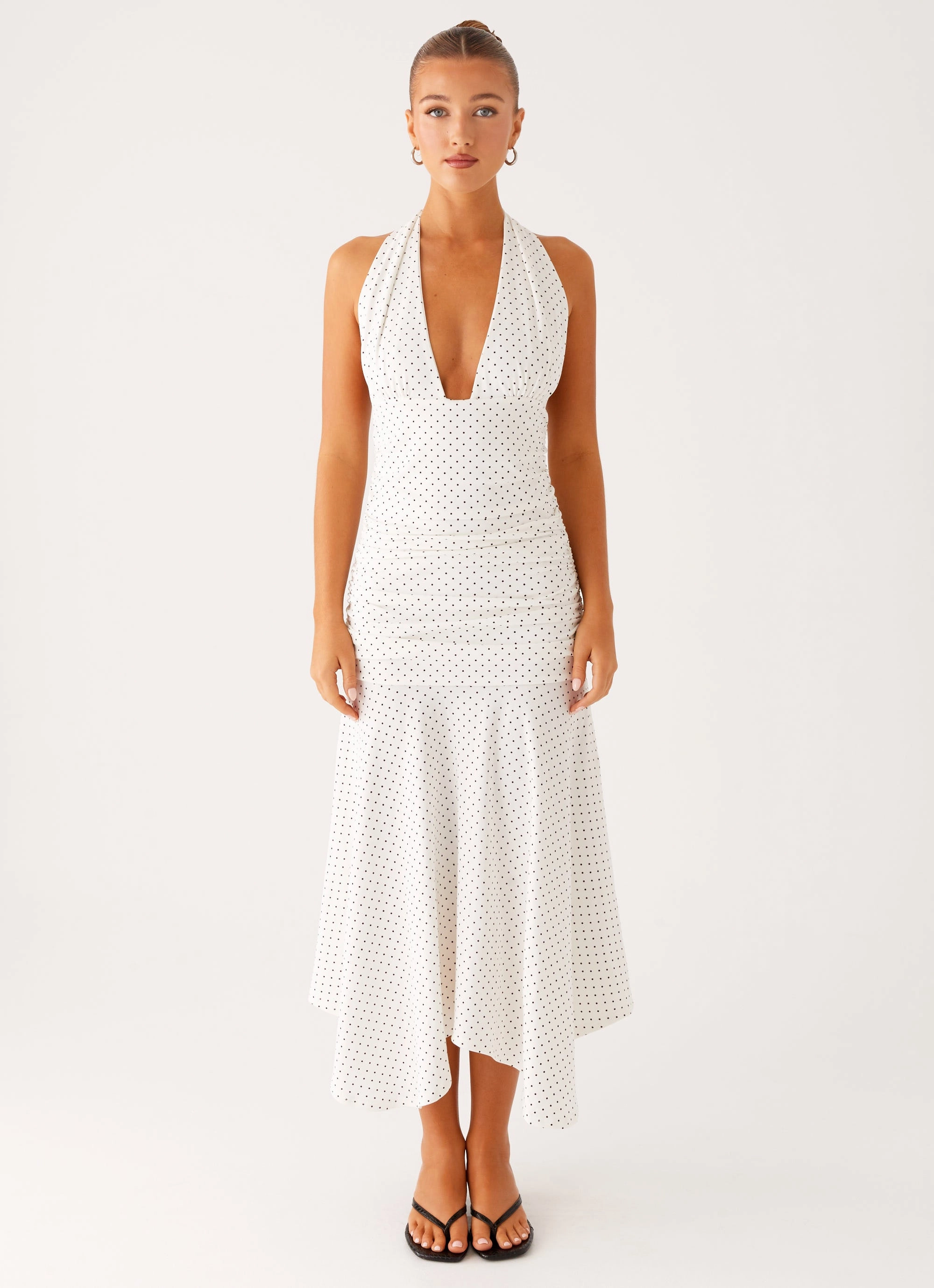 Chilly Day Layers Bold Patterns Grettana Halter Neck Midi Dress - White Polka Dot