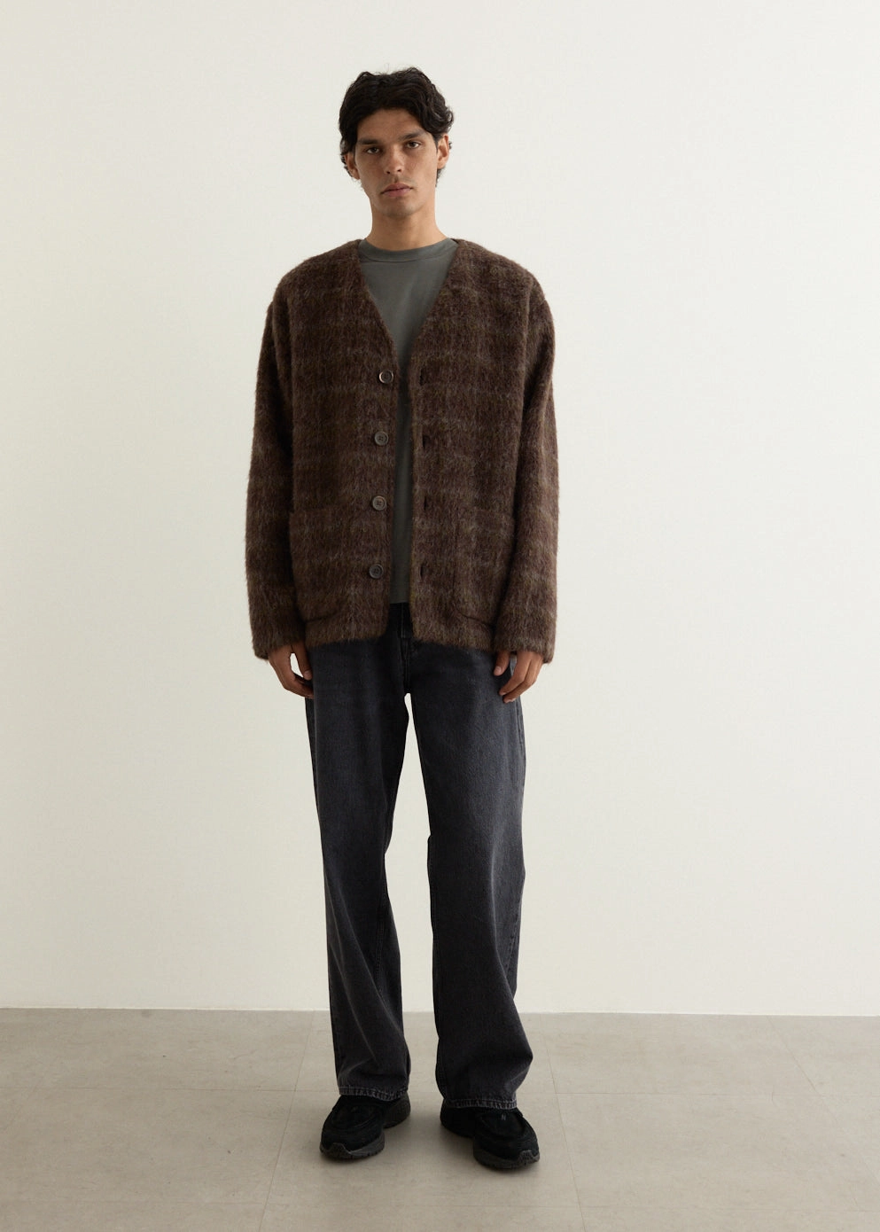 Simple Outfit Easy Comfort Hairy Check Wool Cardigan