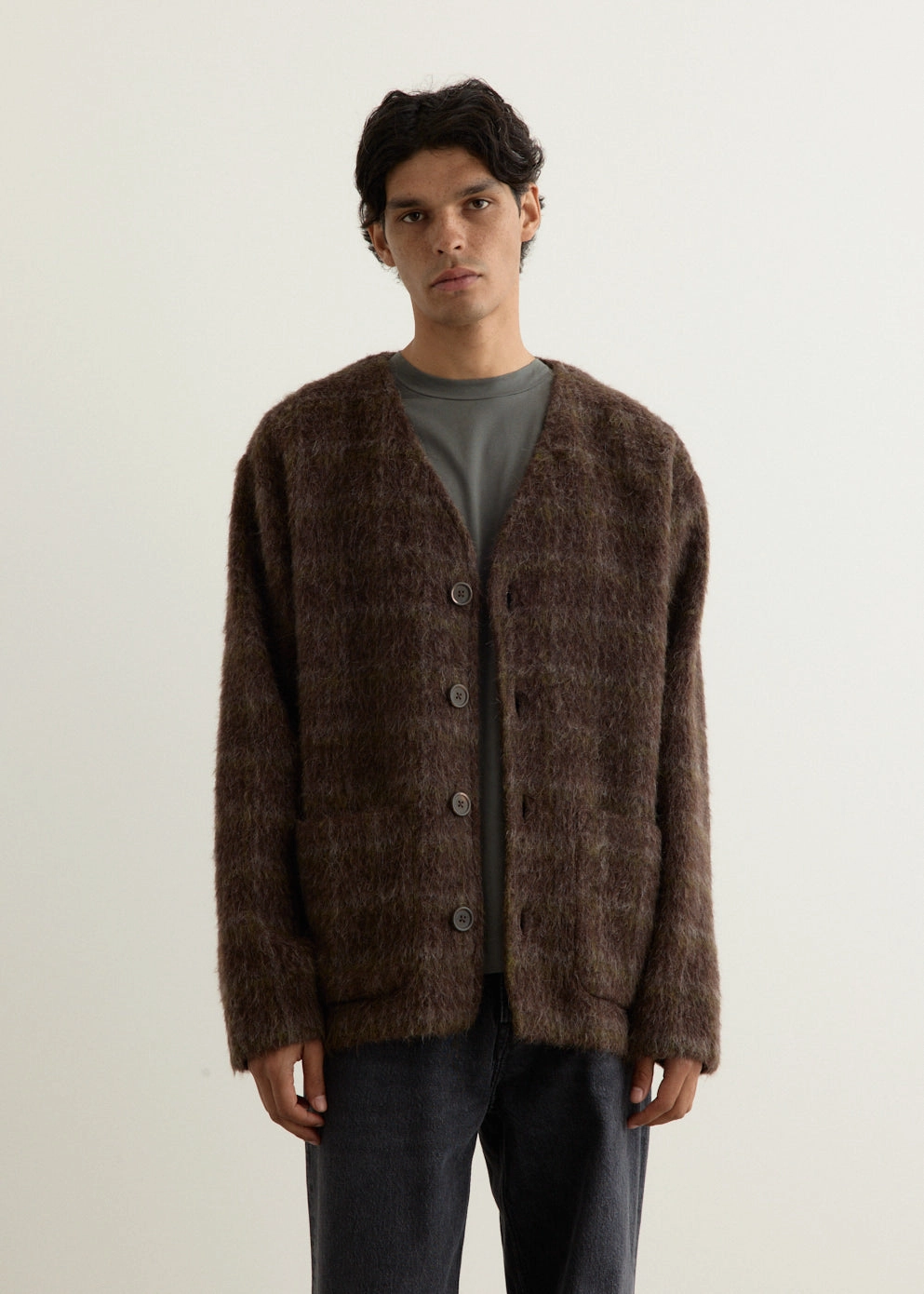 Hairy Check Wool Cardigan MagneticClosure Flexible Knit