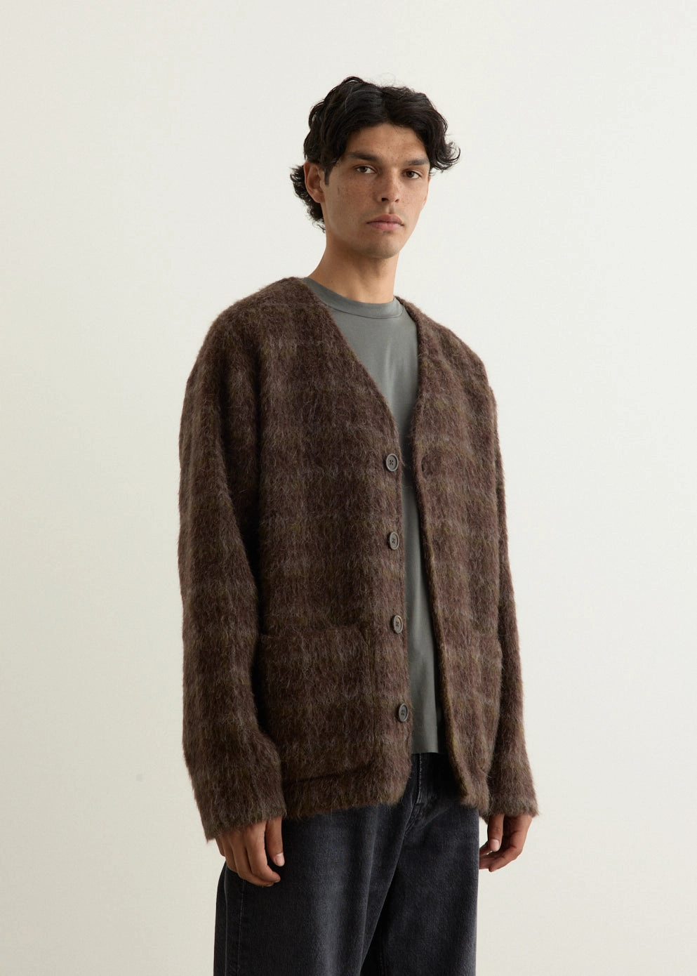 Secure Chest Pocket Compression Fit Technology Hairy Check Wool Cardigan